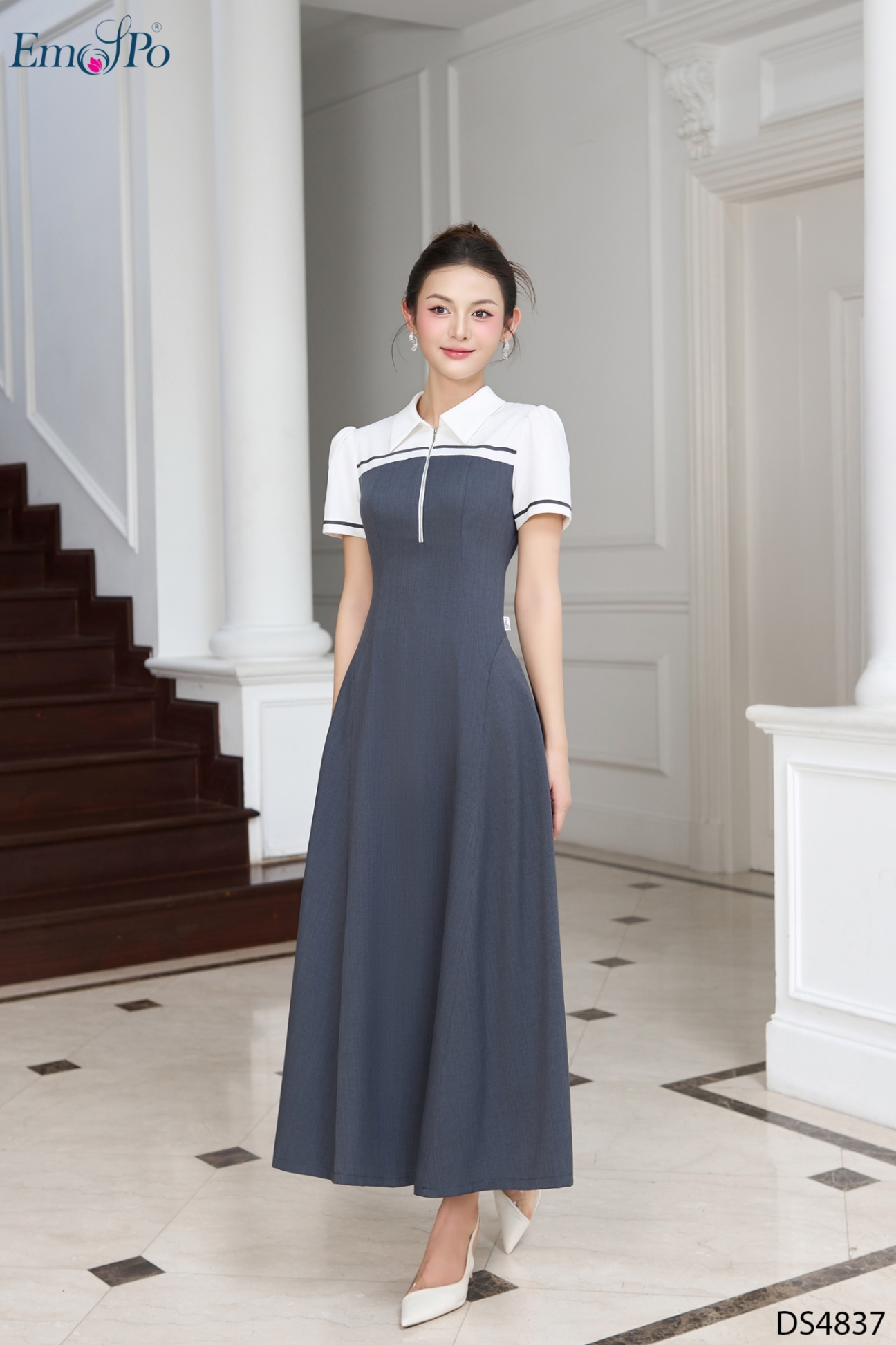 Đầm xòe, cổ bẻ phối màu kéo khóa, chiết eo cao