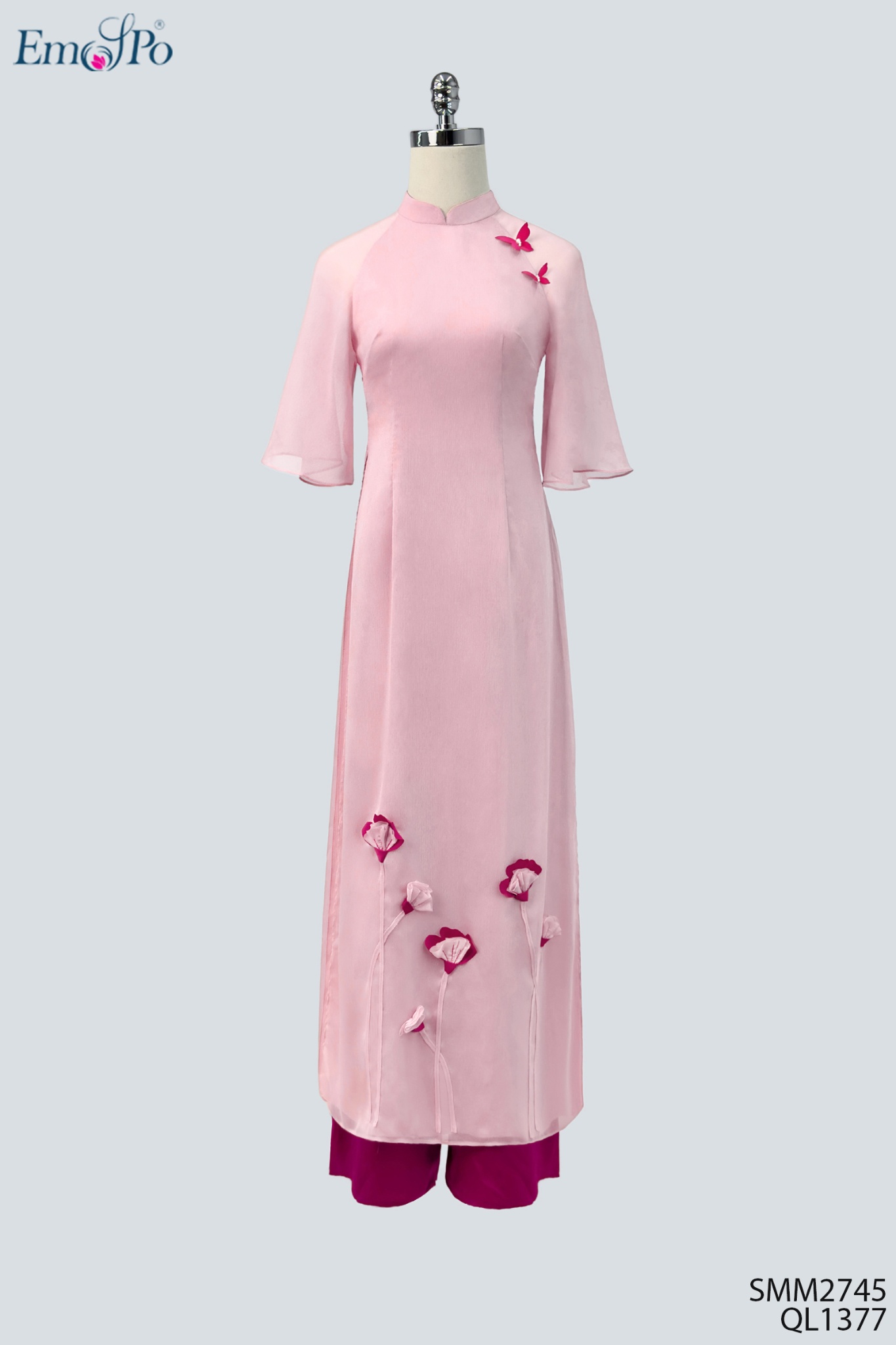 Áo dài tơ trơn cổ 3F, đính bướm ngọc trai, hoa đính tà, đi bộ QL1377
