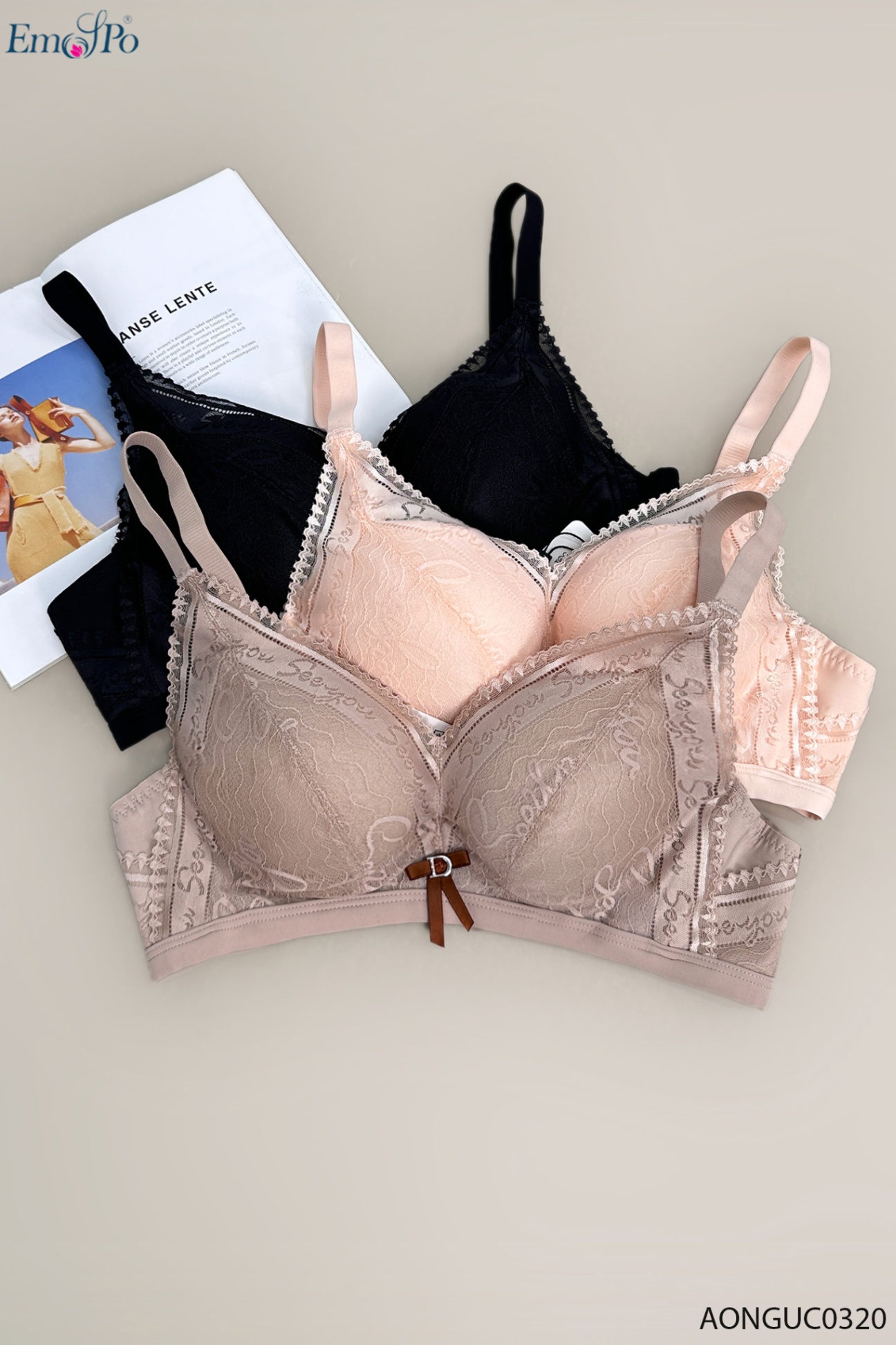AONGUC0320 - Áo ngực ren, đệm vừa, không gọng, nơ đính chữ 