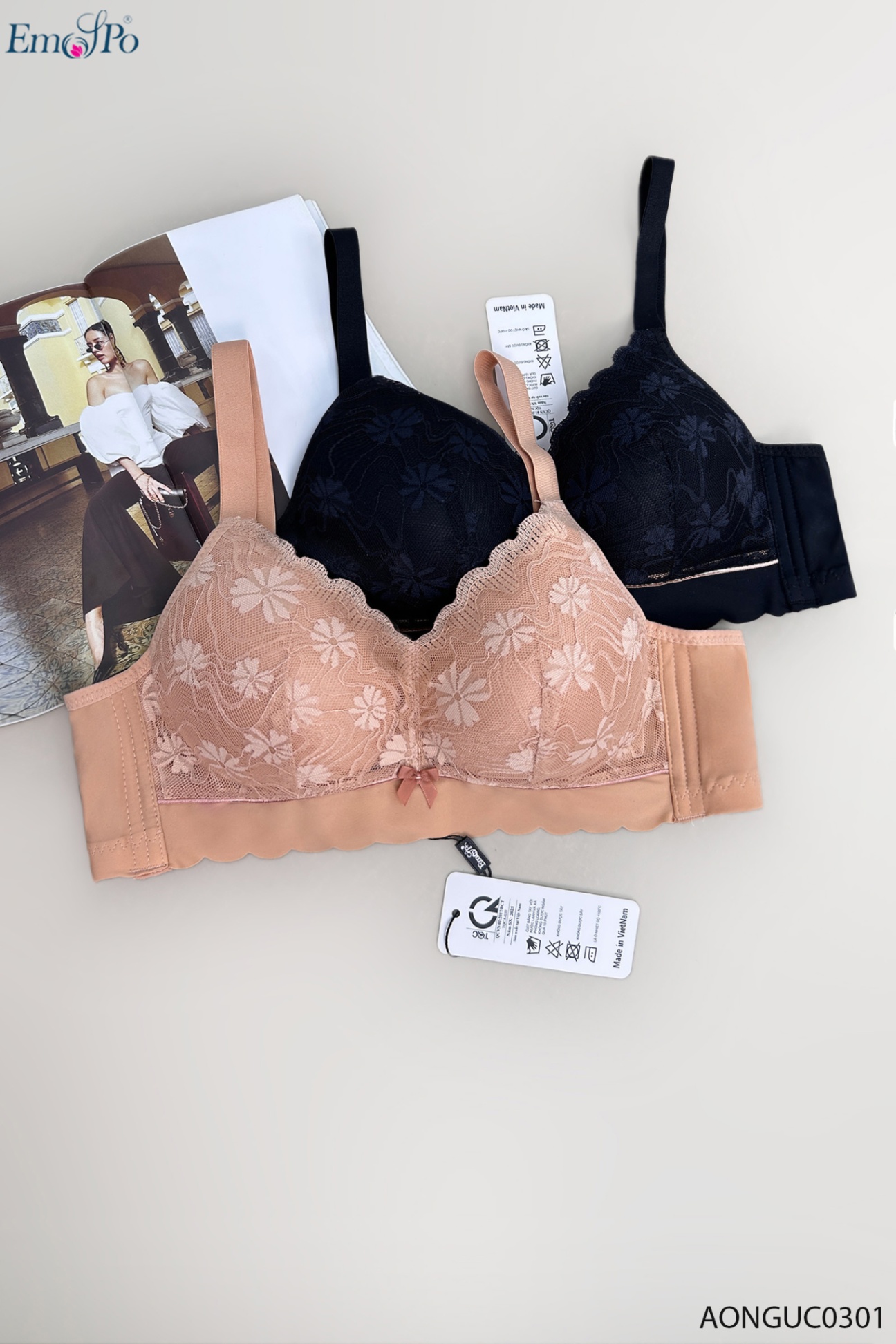 AONGUC0301 - Áo ngực ren, k đệm, viền lượn sóng, đinh nơ