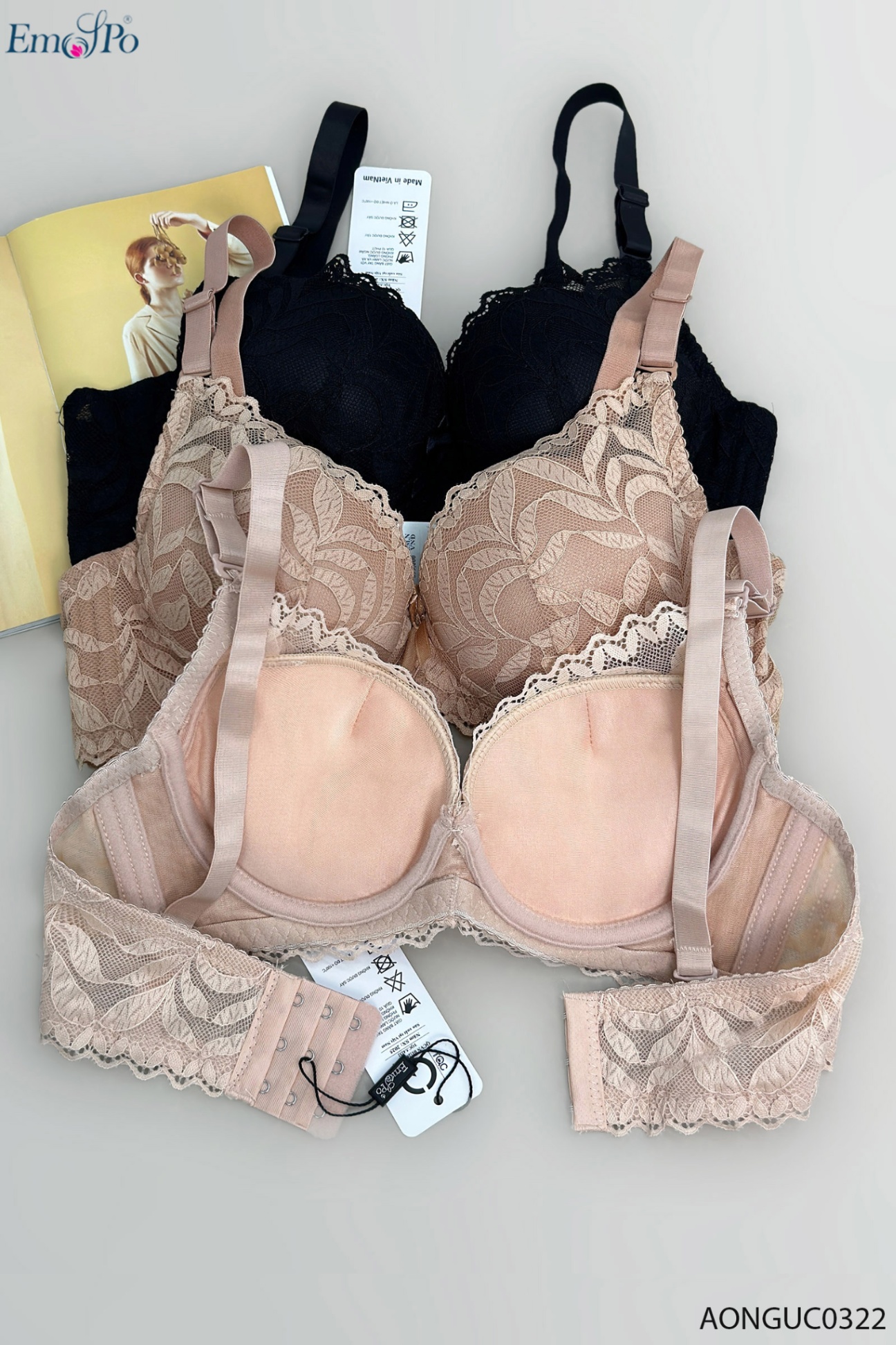 AONGUC0322 - Áo ngực ren, đệm dày, có gọng, đinh nơ
