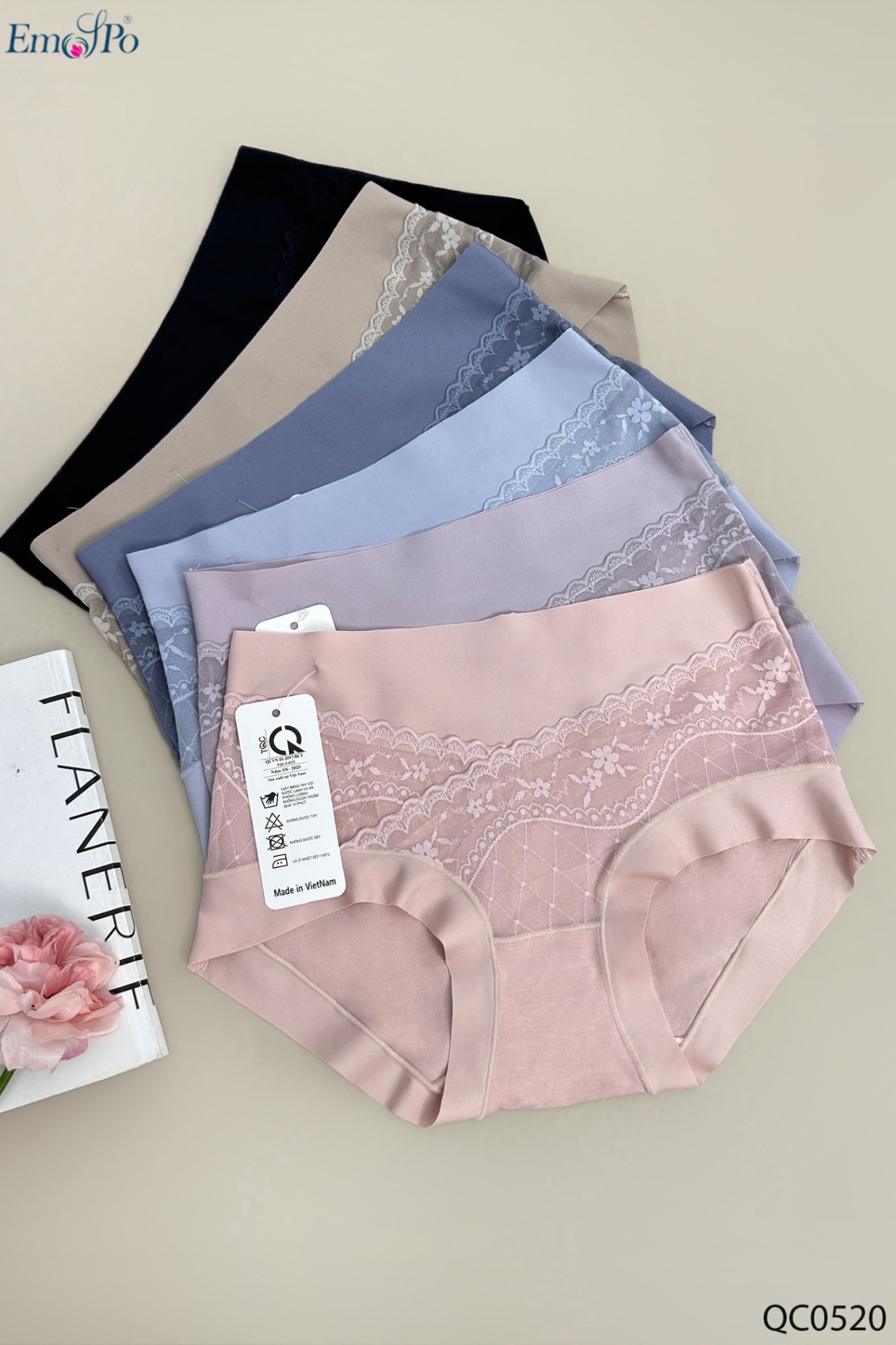 QC0520 - Quần lót cotton phối ren, viền & cạp thun lạnh