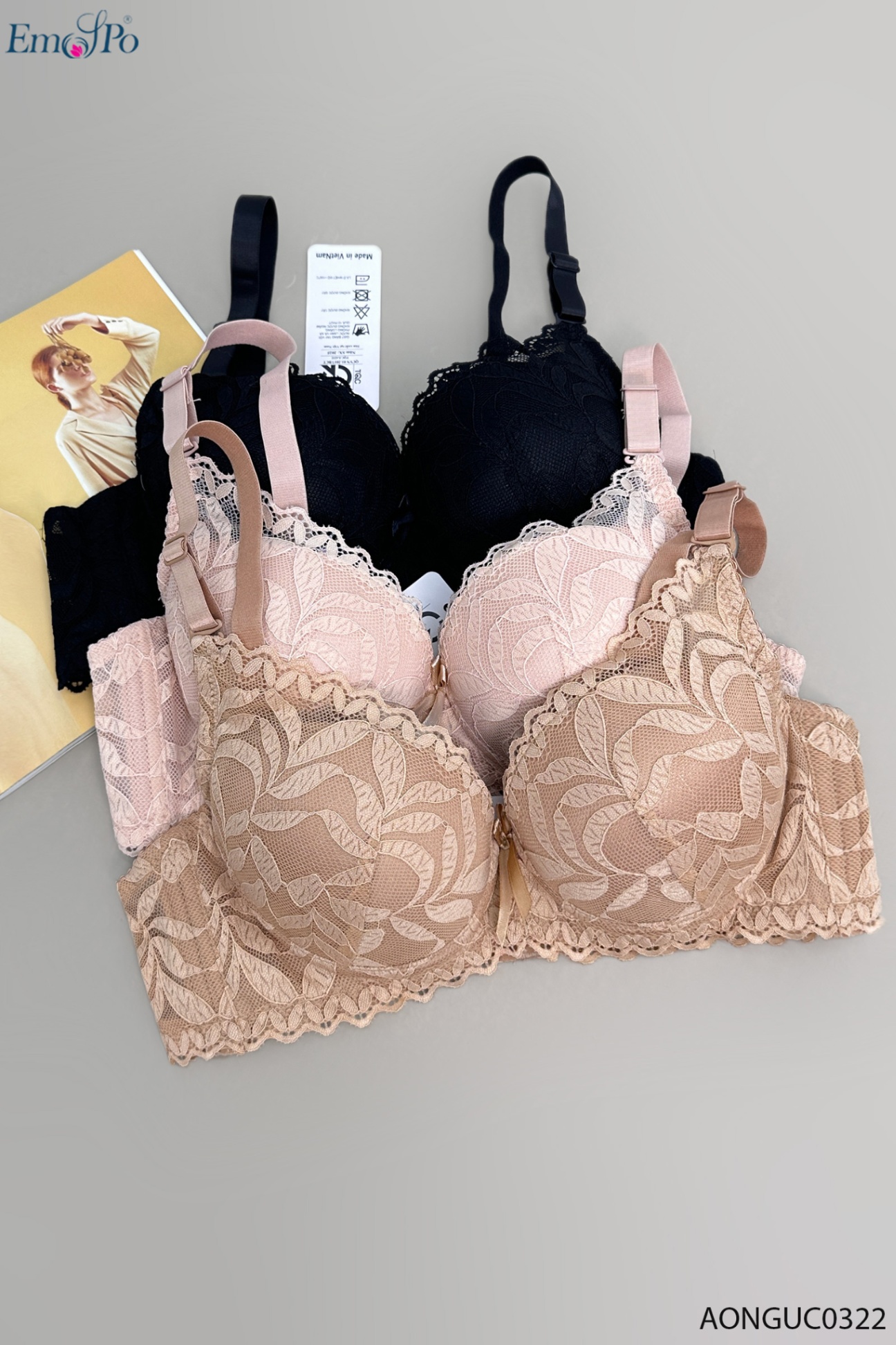 AONGUC0322 - Áo ngực ren, đệm dày, có gọng, đinh nơ