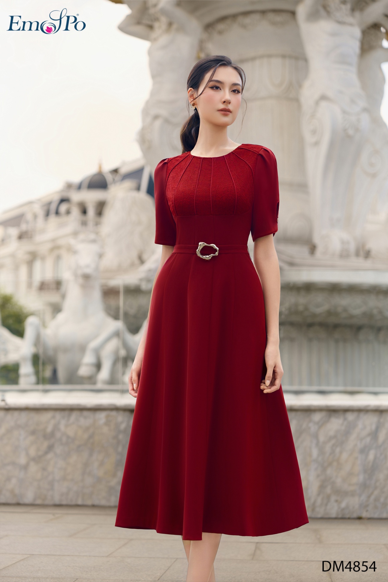 Đầm xòe phối ren diễu gân, đai mặt KL rời