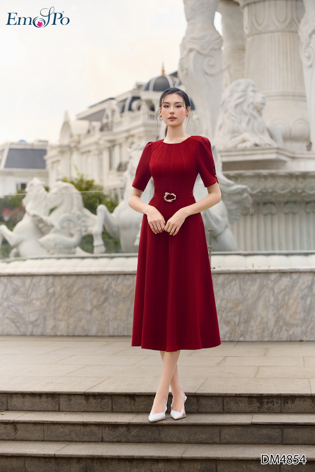 Đầm xòe phối ren diễu gân, đai mặt KL rời