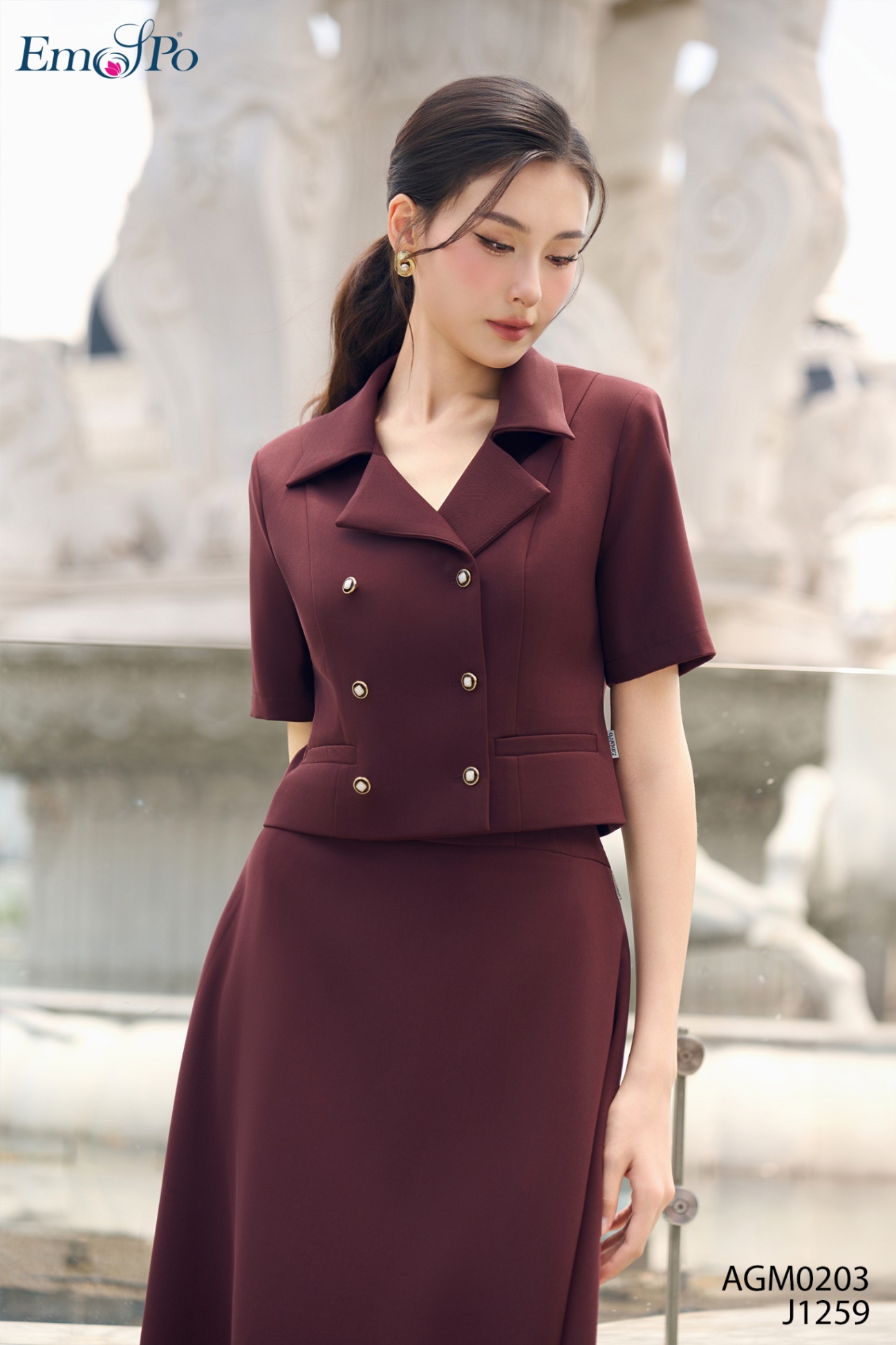 Áo ký giả dáng lửng, cổ bẻ, cài khuy, nơ cài rời, mix QL1380 & J1259