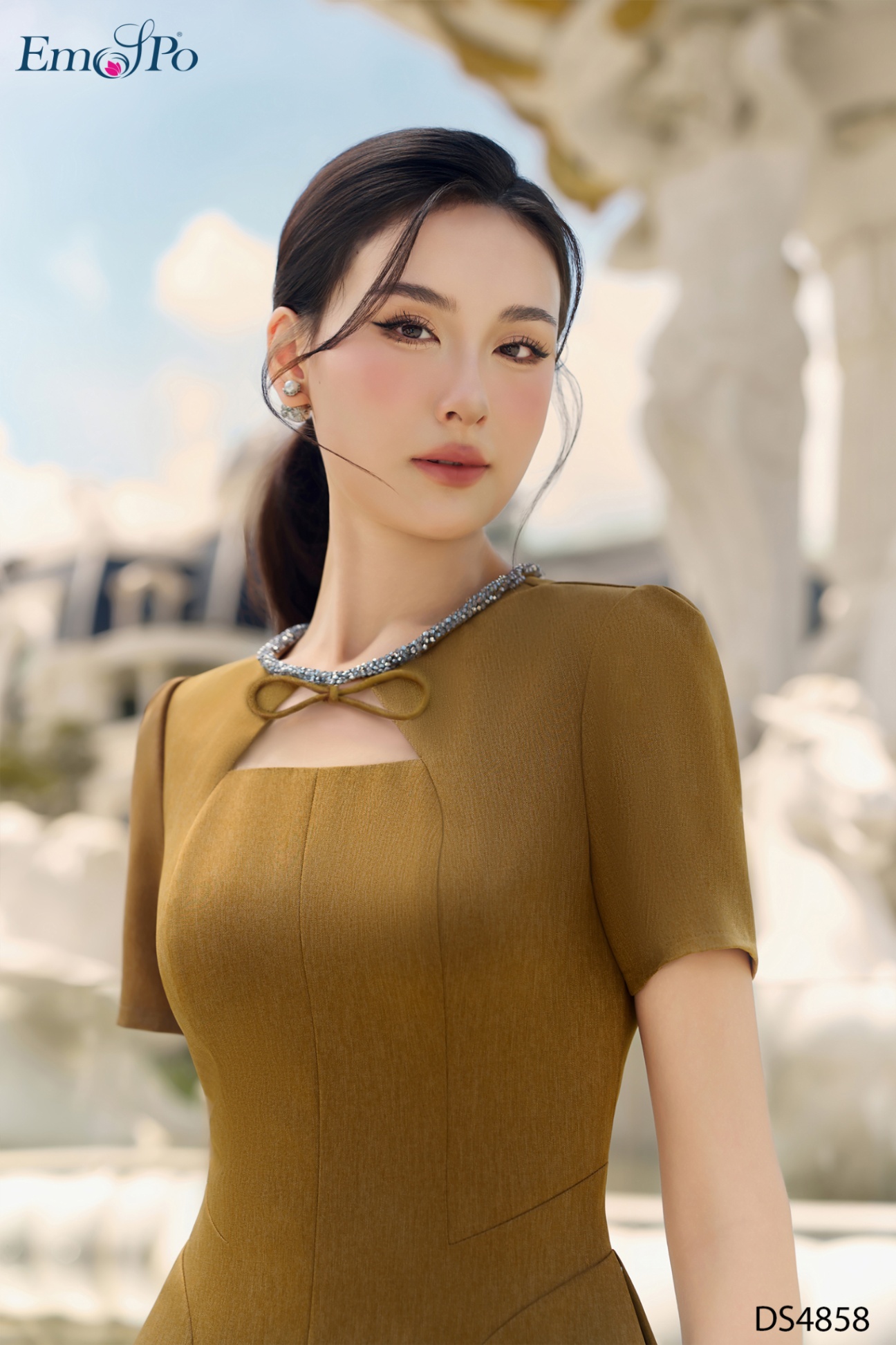 Đầm xòe, chiết eo, cổ tròn đính pha lê & nơ, phối lưới