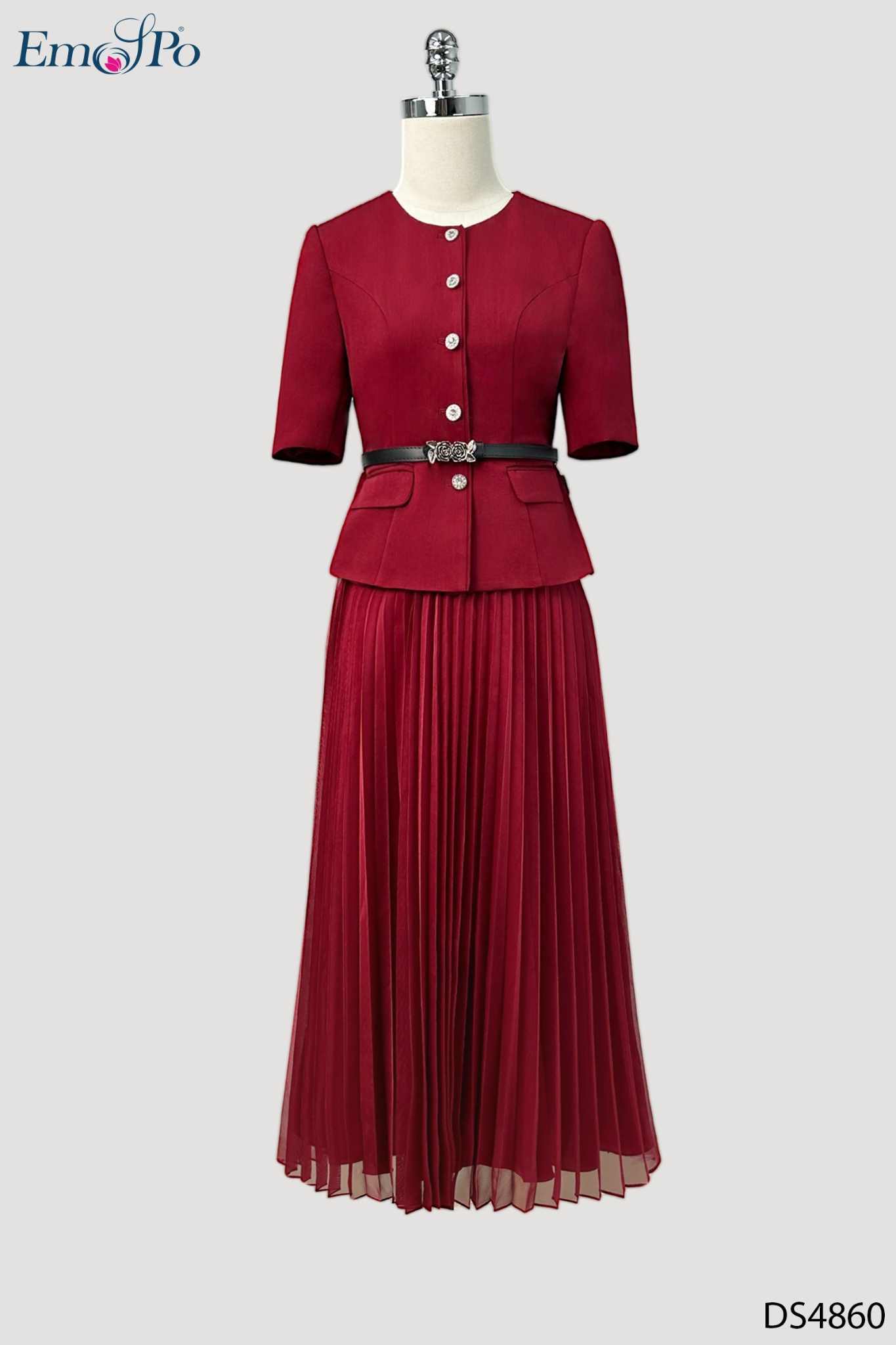 Đầm xòe xếp ly, dáng peplum, cài cúc đá, đai rời