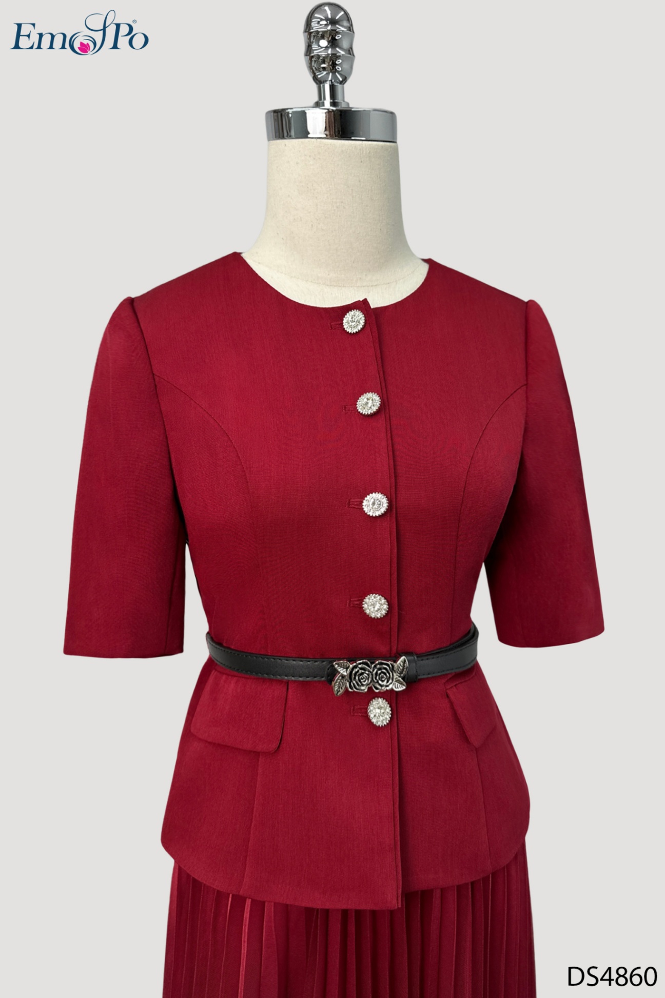 Đầm xòe xếp ly, dáng peplum, cài cúc đá, đai rời