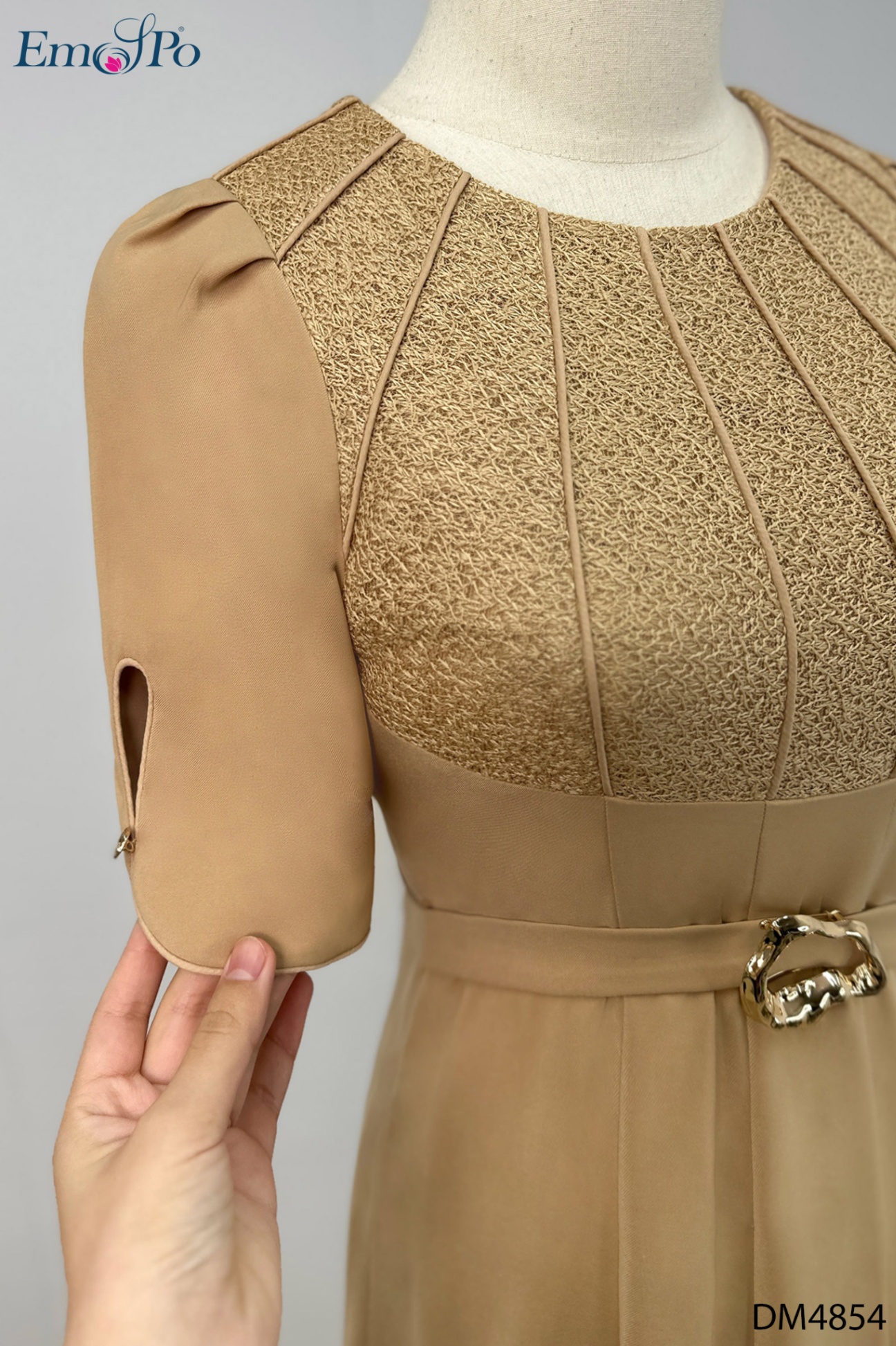 Đầm xòe phối ren diễu gân, đai mặt KL rời