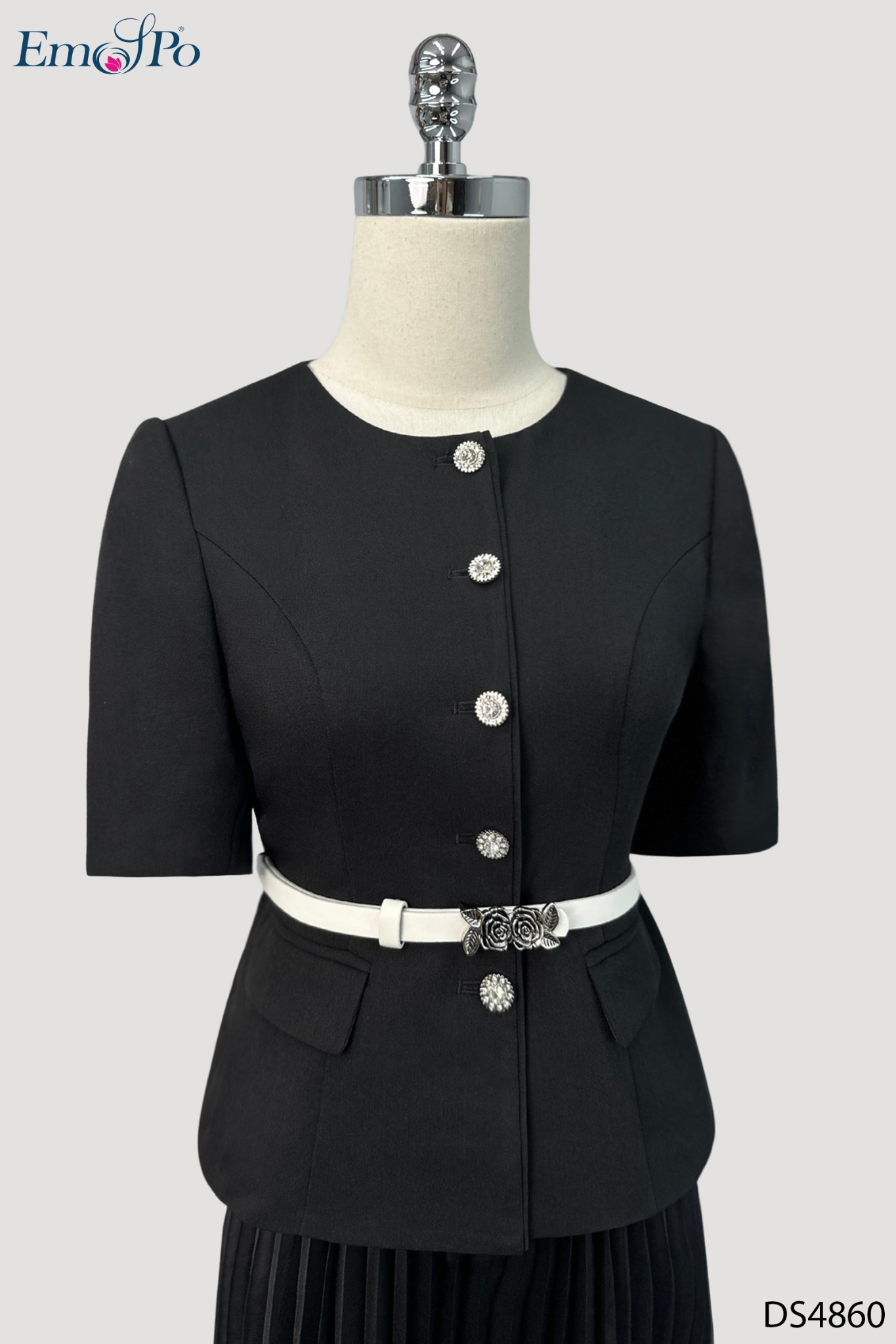 Đầm xòe xếp ly, dáng peplum, cài cúc đá, đai rời
