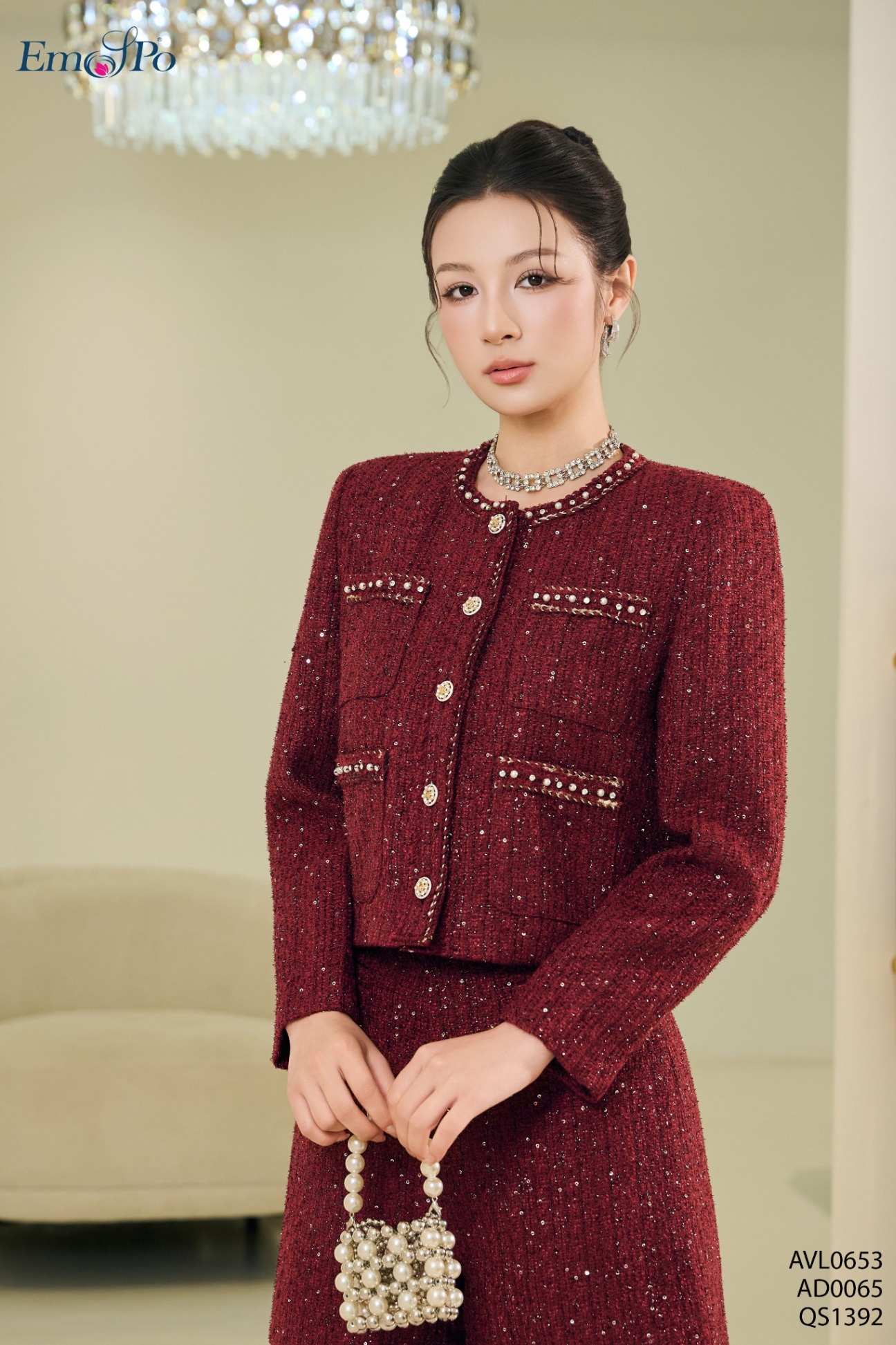 Áo vest, cổ + túi ốp kẹp viền ren, đính đá & ngọc trai, đi bộ AD0067 & QS1392
