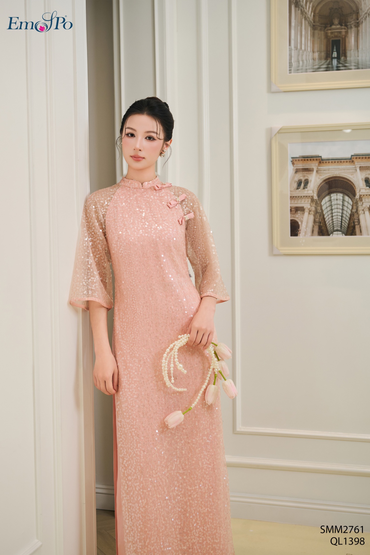 Áo dài lưới kim sa cổ 3 phân, đính nơ hoa đá, đi bộ QL1398