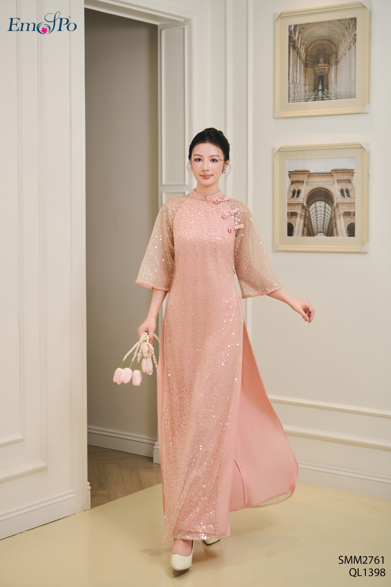 Áo dài lưới kim sa cổ 3 phân, đính nơ hoa đá, đi bộ QL1398