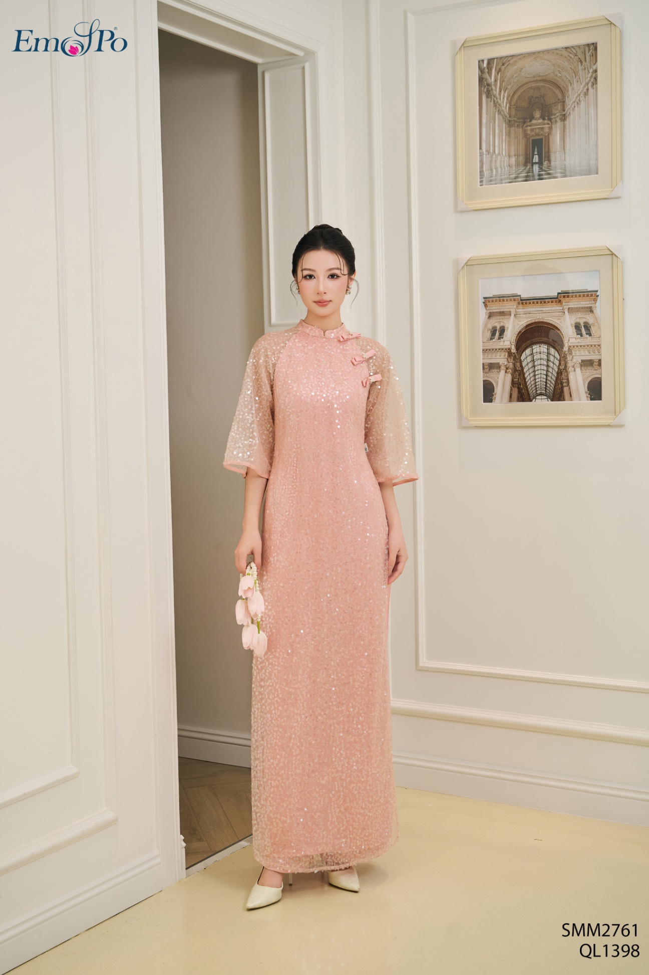 Áo dài lưới kim sa cổ 3 phân, đính nơ hoa đá, đi bộ QL1398