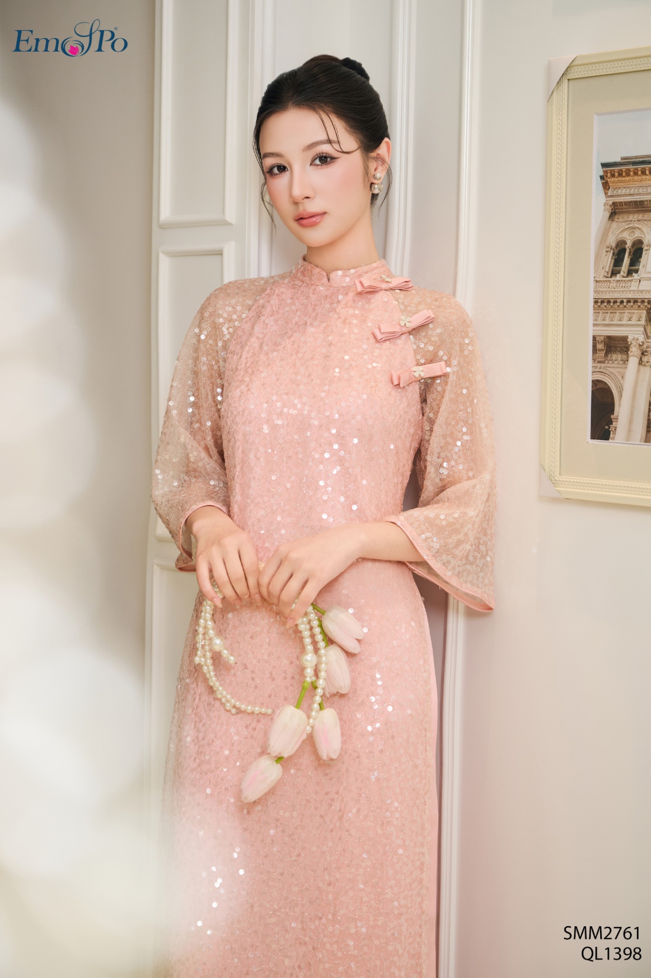 Áo dài lưới kim sa cổ 3 phân, đính nơ hoa đá, đi bộ QL1398