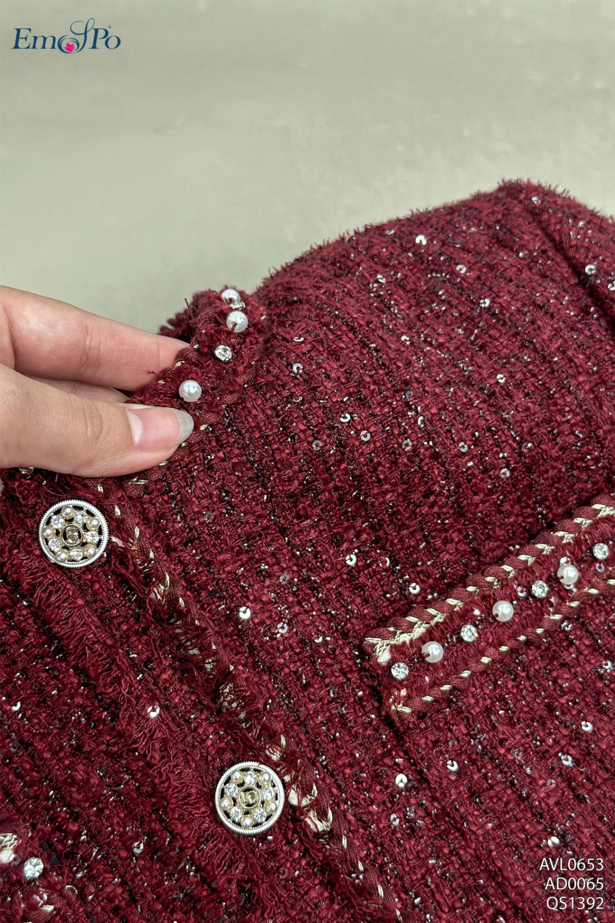 Áo vest, cổ + túi ốp kẹp viền ren, đính đá & ngọc trai, đi bộ AD0067 & QS1392