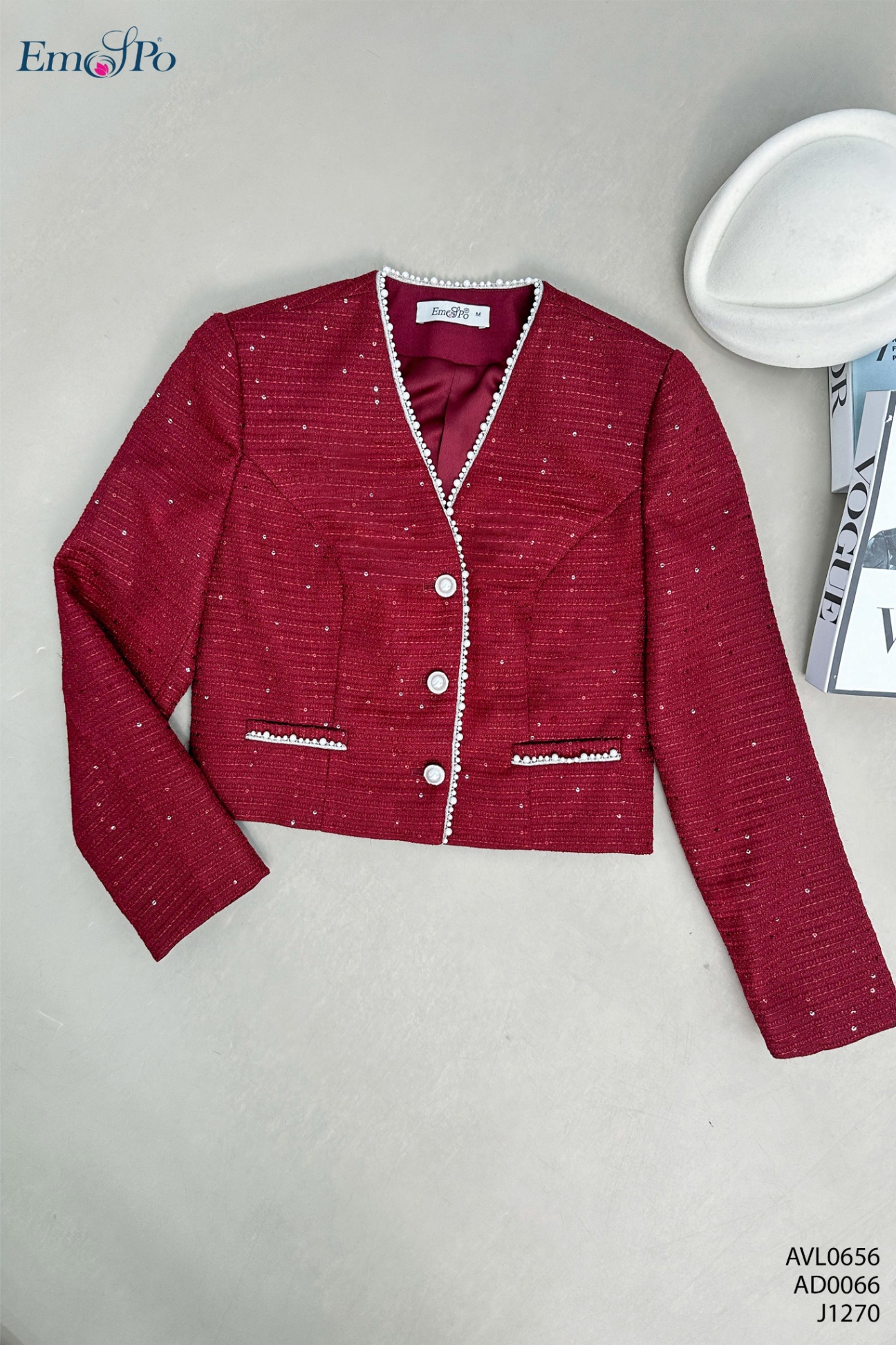 Áo vest cổ tim, kẹp viền ngọc trai, cài khuy, túi cơi, đi bộ AD0066 & J1270