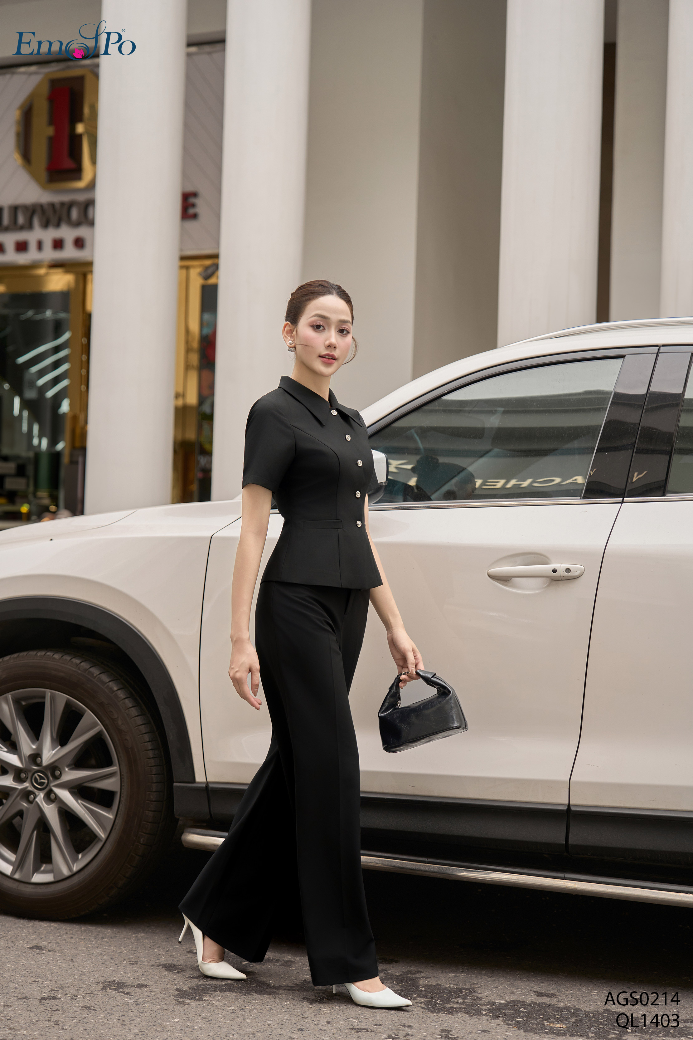 Áo ký giả cổ bẻ, cài khuy chiết eo, cà vạt cài đá rời, đi bộ QL1403