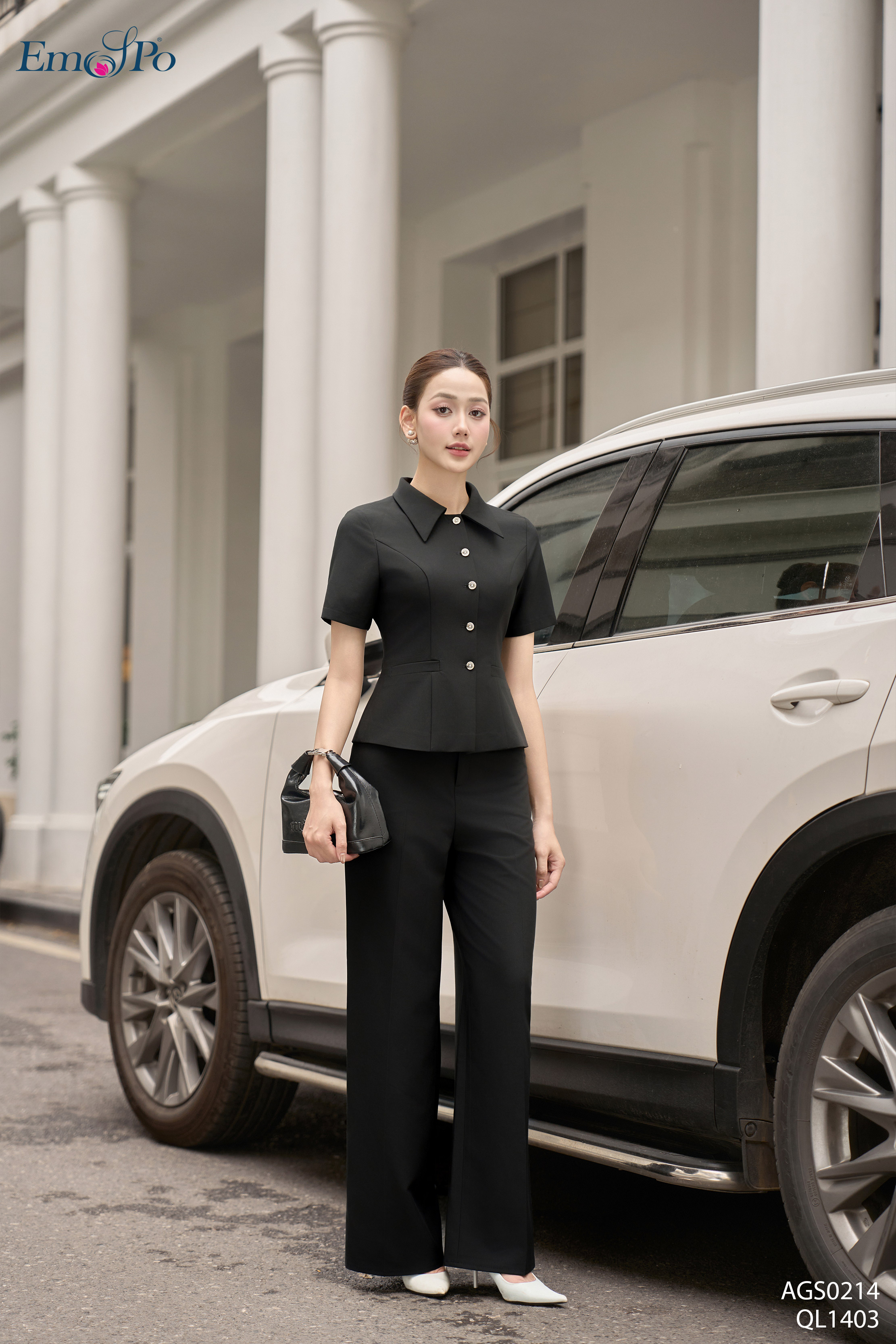 Áo ký giả cổ bẻ, cài khuy chiết eo, cà vạt cài đá rời, đi bộ QL1403