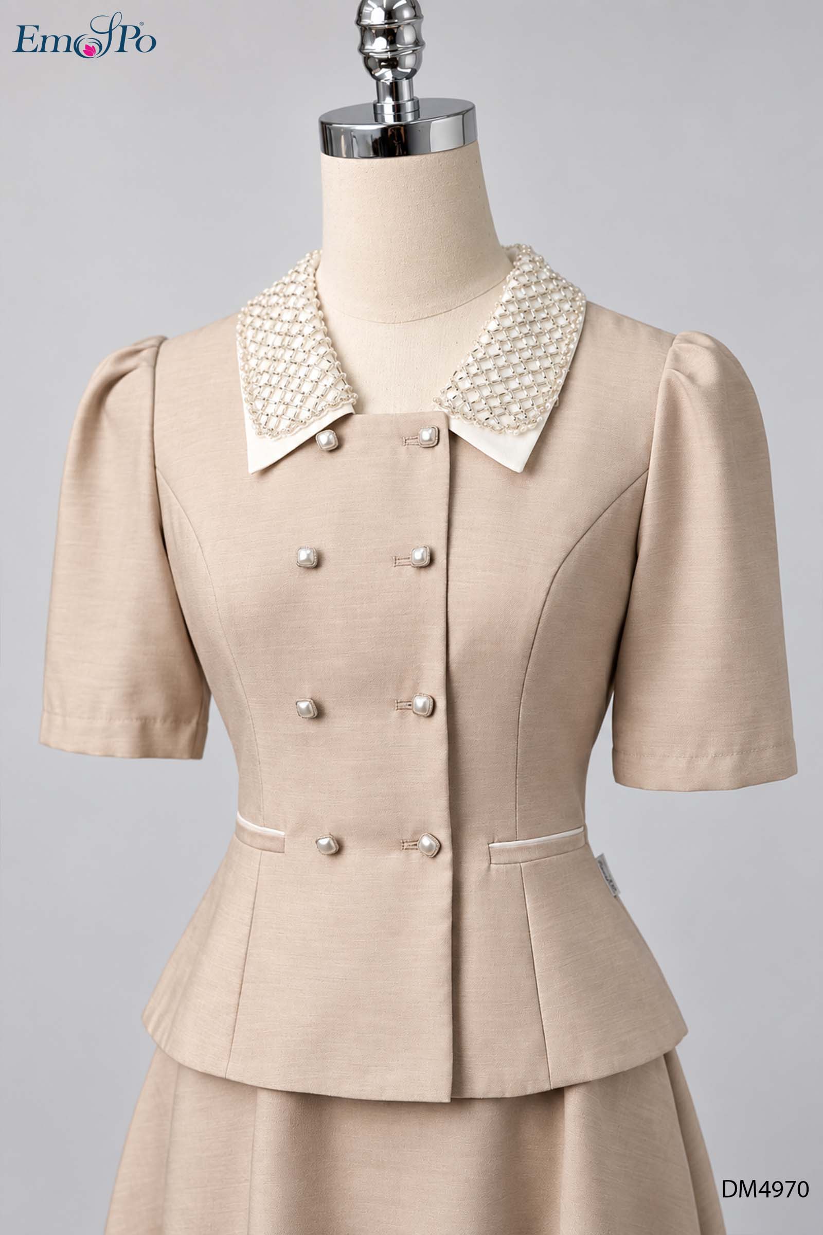 Đầm A dáng peplum, cổ bẻ phối màu kẹp lưới đính cườm, cài giao 2 hàng khuy