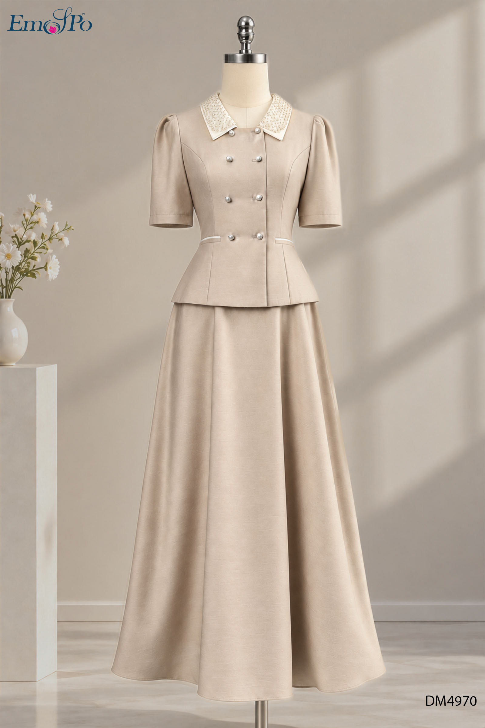 Đầm A dáng peplum, cổ bẻ phối màu kẹp lưới đính cườm, cài giao 2 hàng khuy