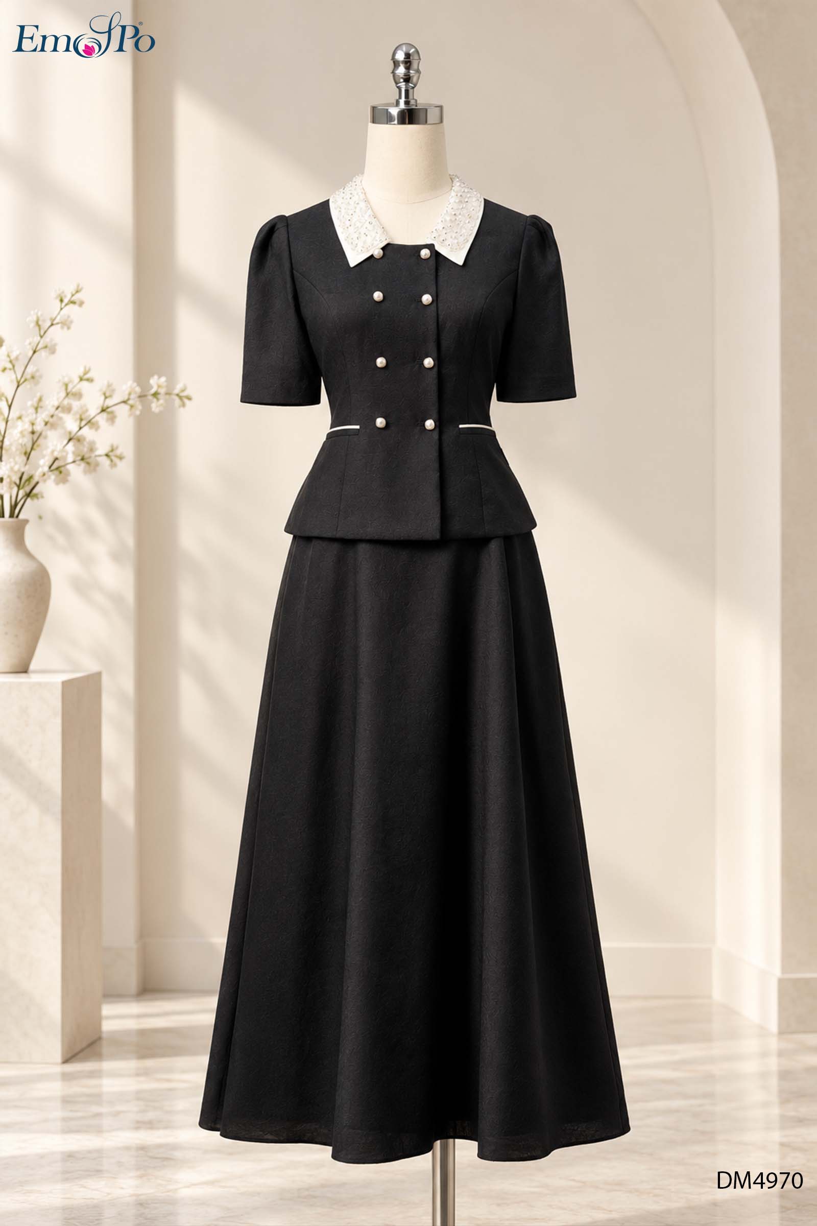 Đầm A dáng peplum, cổ bẻ phối màu kẹp lưới đính cườm, cài giao 2 hàng khuy