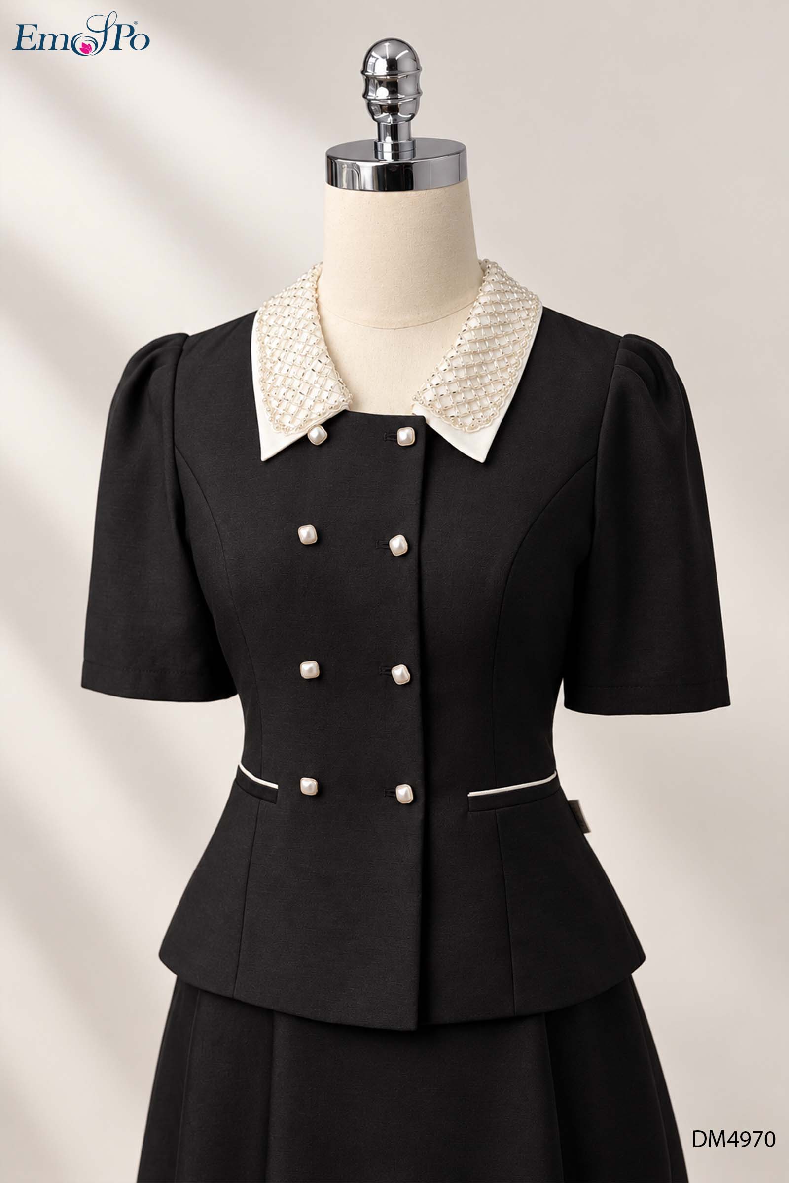 Đầm A dáng peplum, cổ bẻ phối màu kẹp lưới đính cườm, cài giao 2 hàng khuy