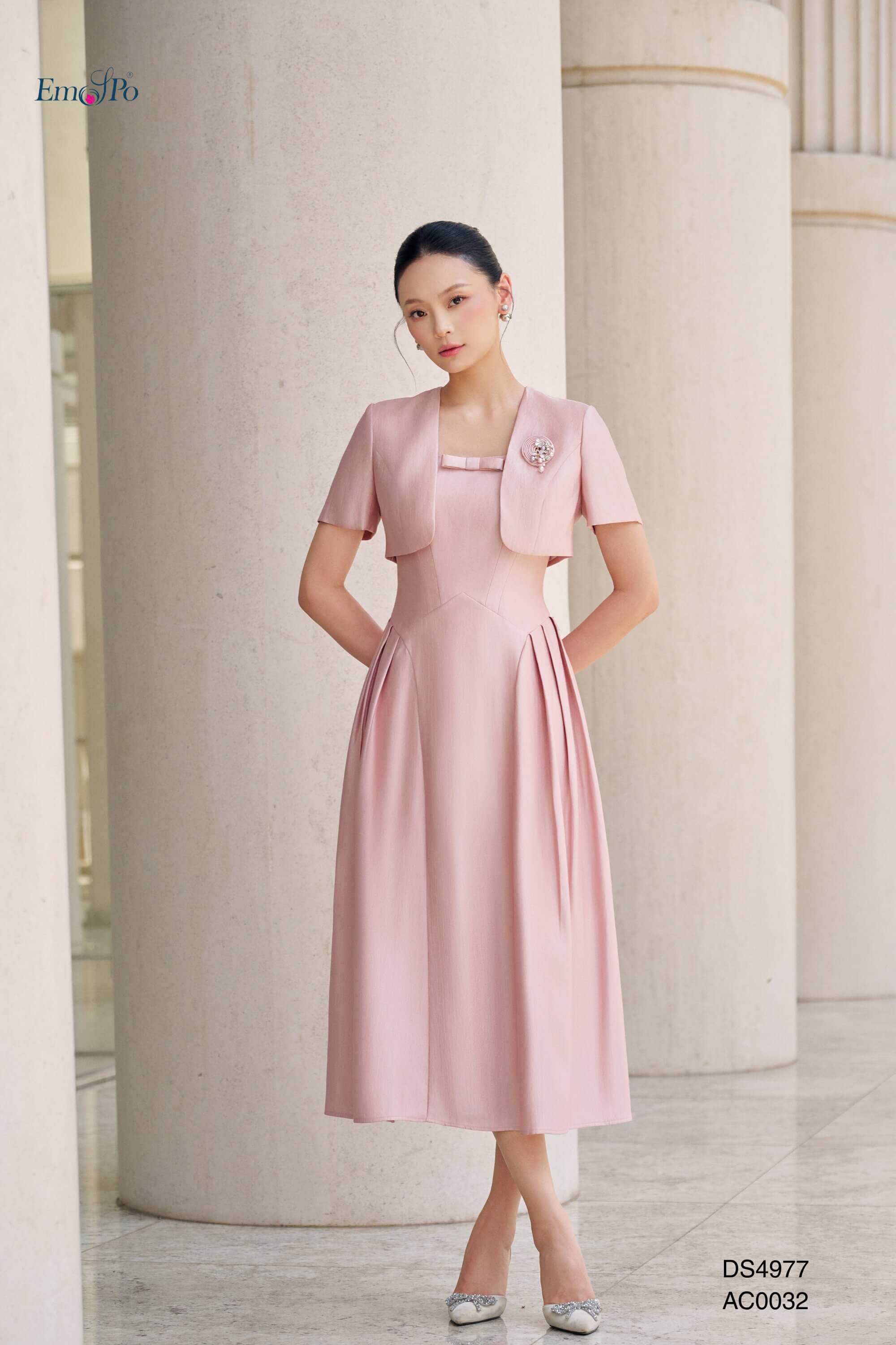 Đầm xòe 2 dây cổ vuông đính nơ, đi kèm AC0032