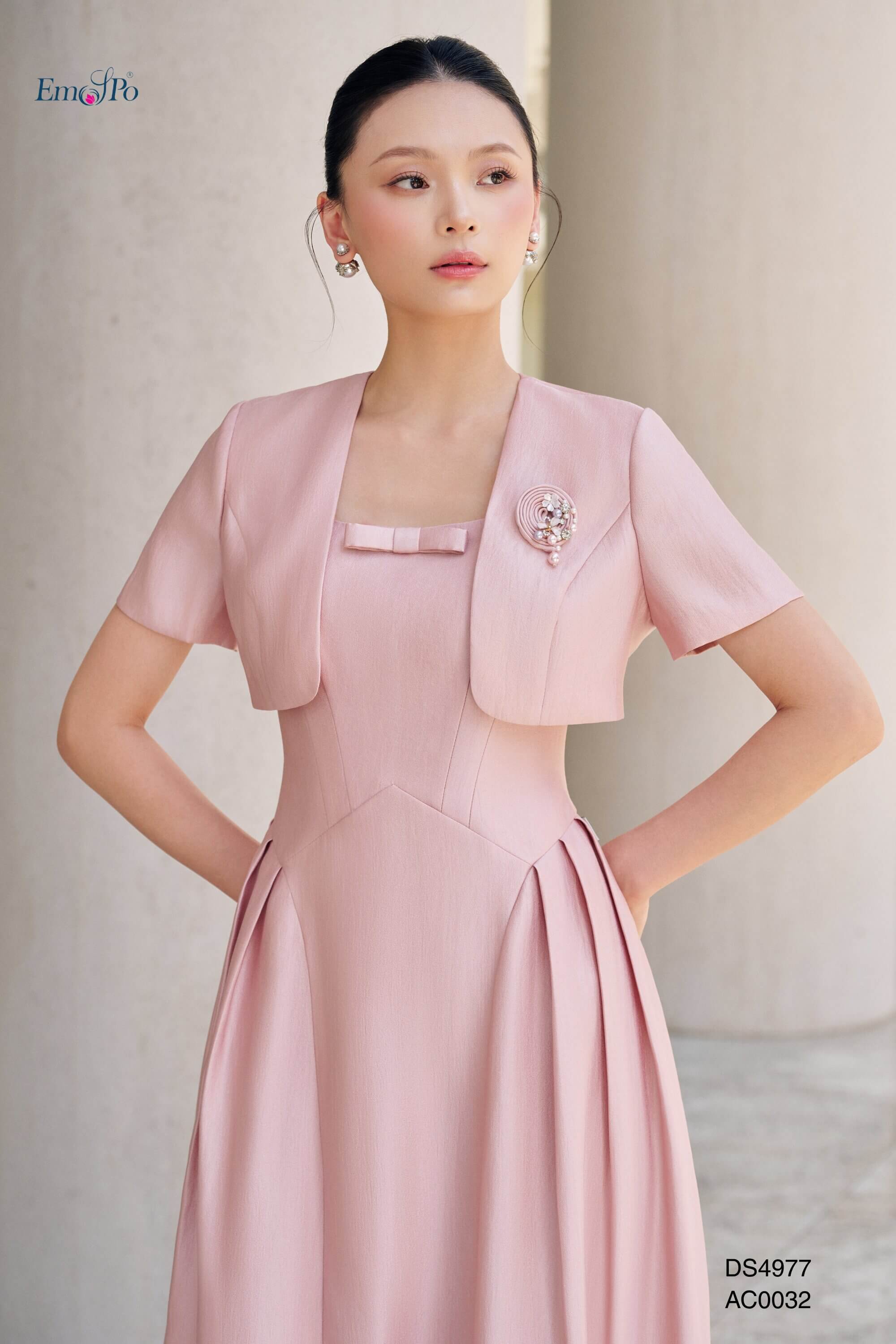 Đầm xòe 2 dây cổ vuông đính nơ, đi kèm AC0032