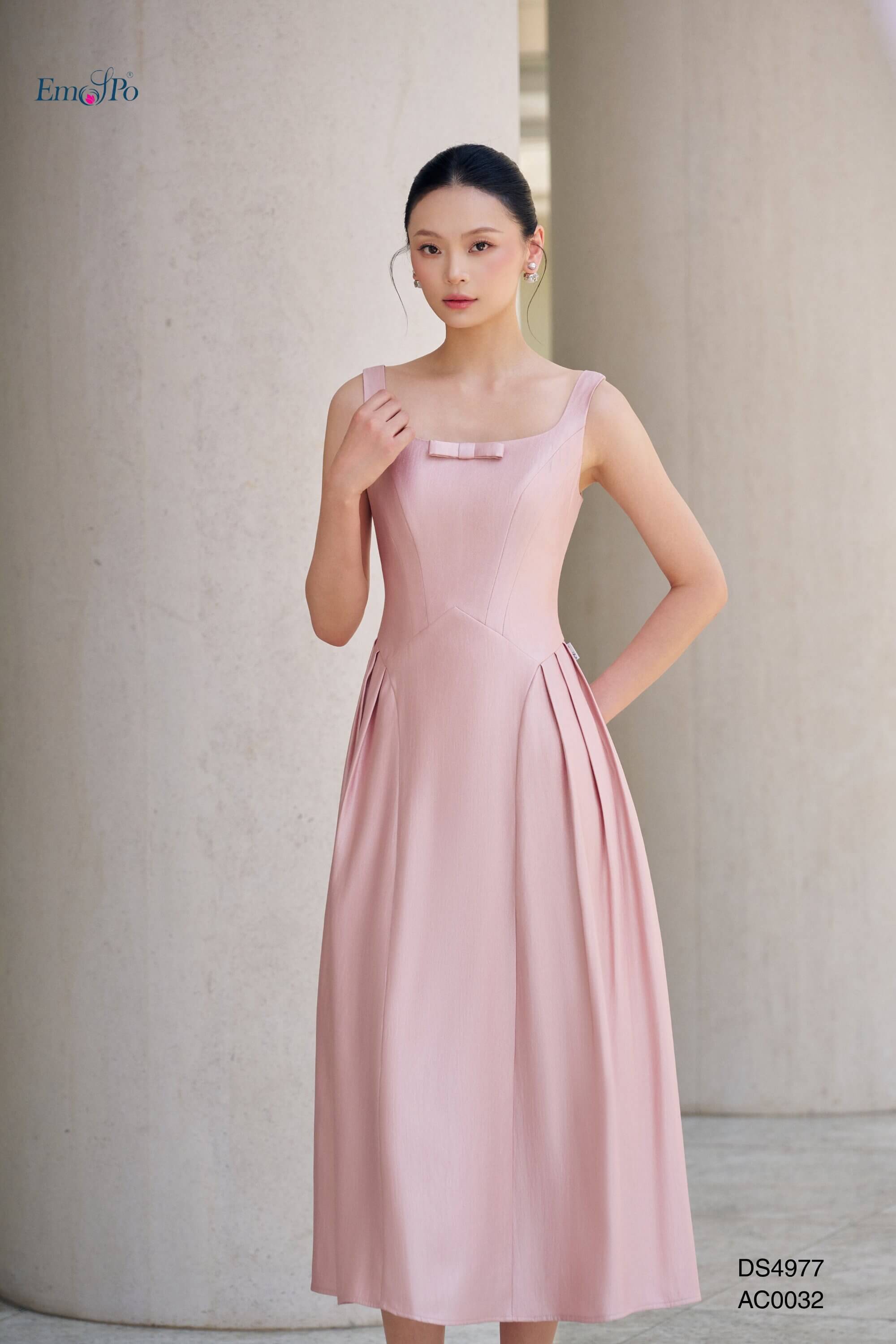 Đầm xòe 2 dây cổ vuông đính nơ, đi kèm AC0032