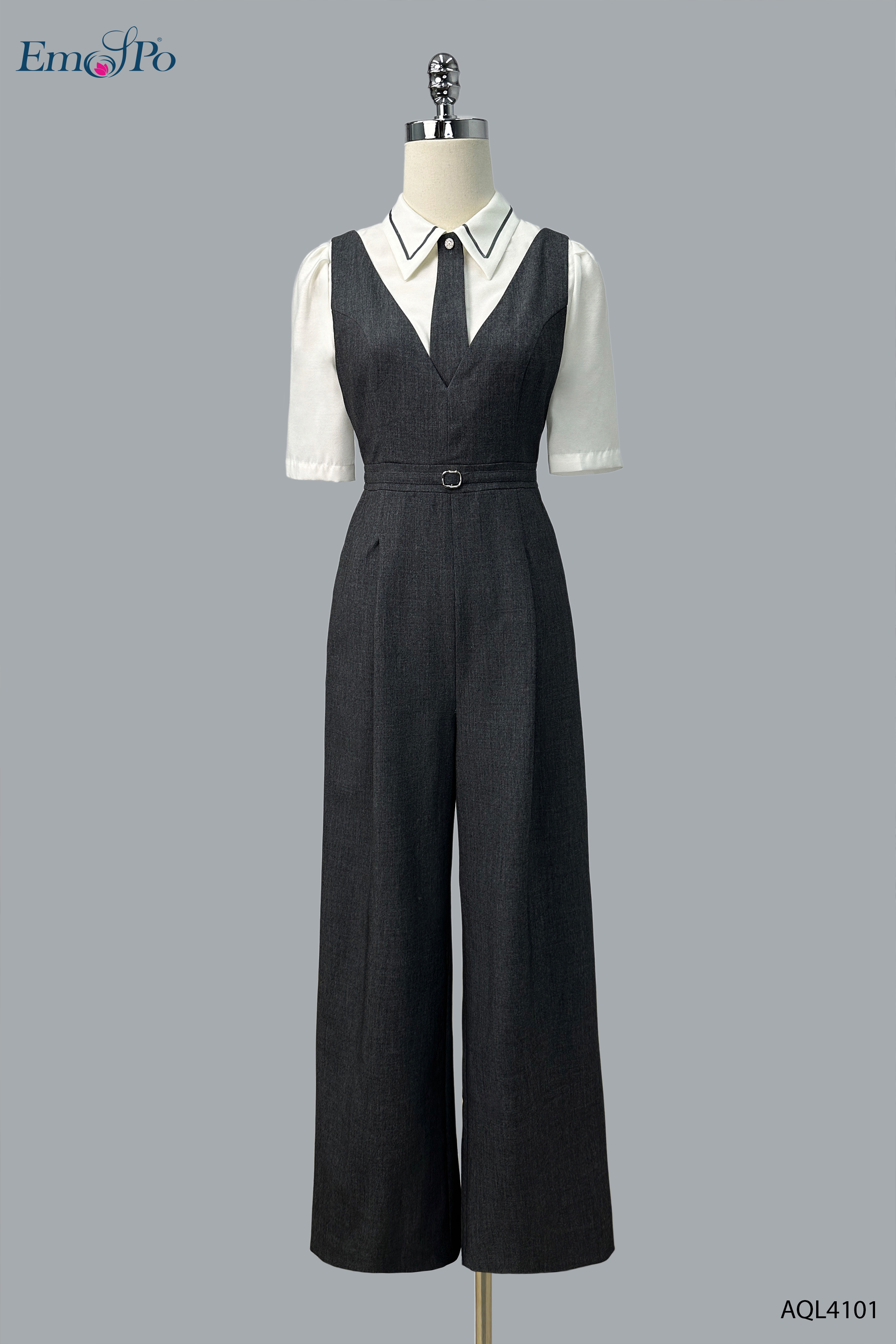 Jumpsuit gile phối sơ mi, cài khuy đá, cà vạt cài rời