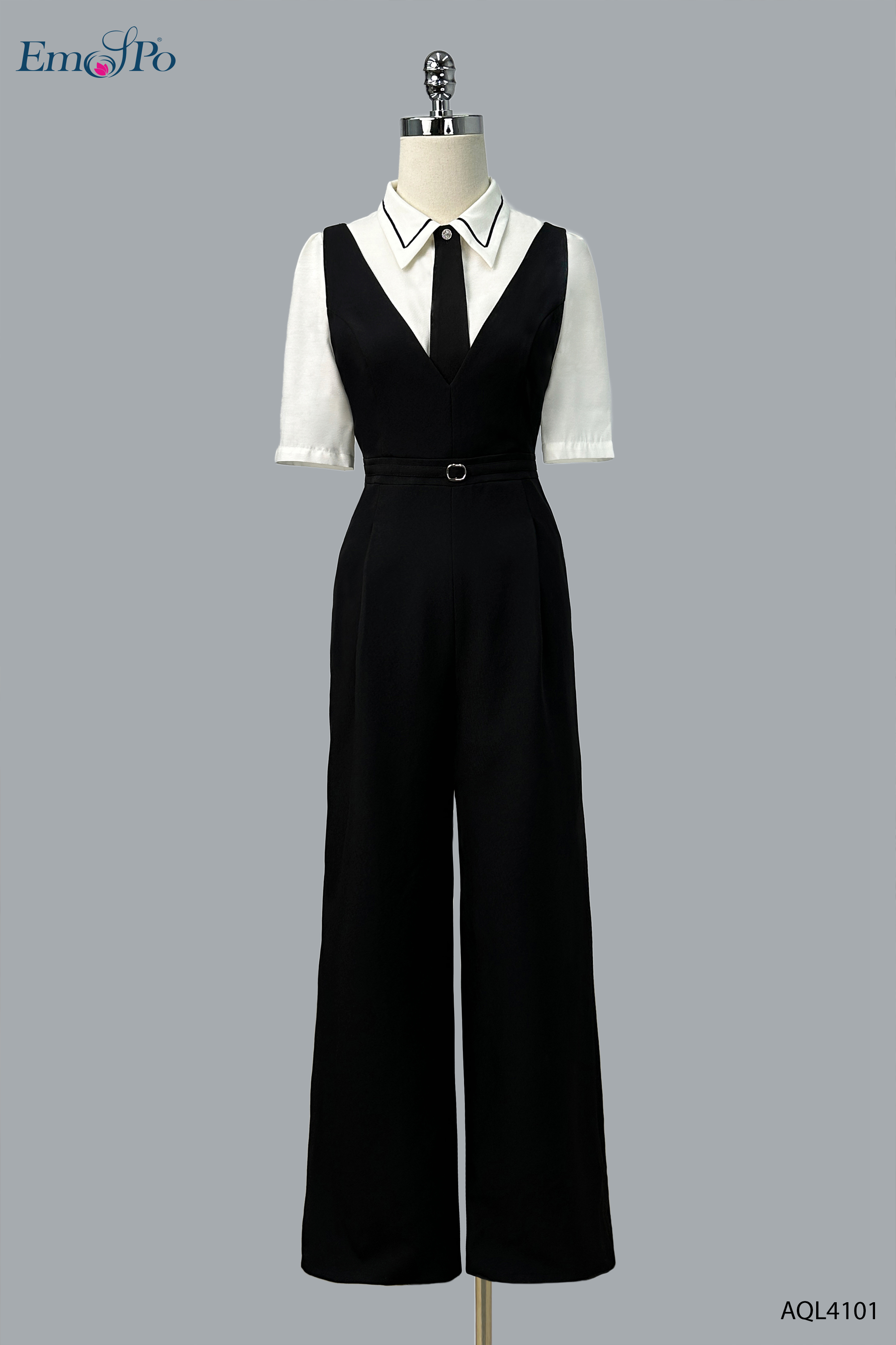 Jumpsuit gile phối sơ mi, cài khuy đá, cà vạt cài rời