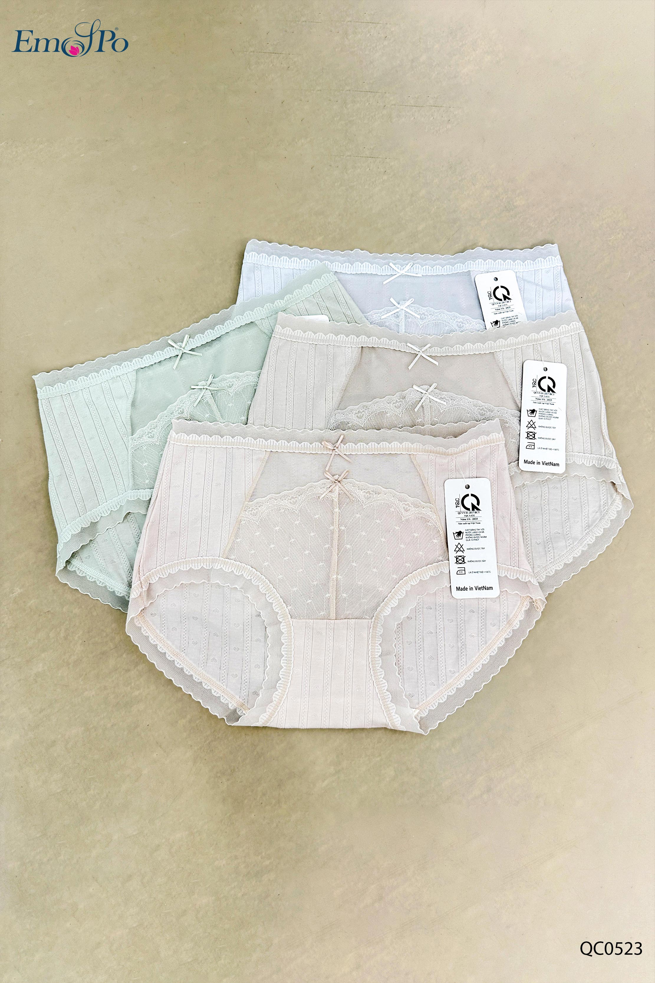 QC0523 - Quần lót cotton phối ren, đính 2 nơ