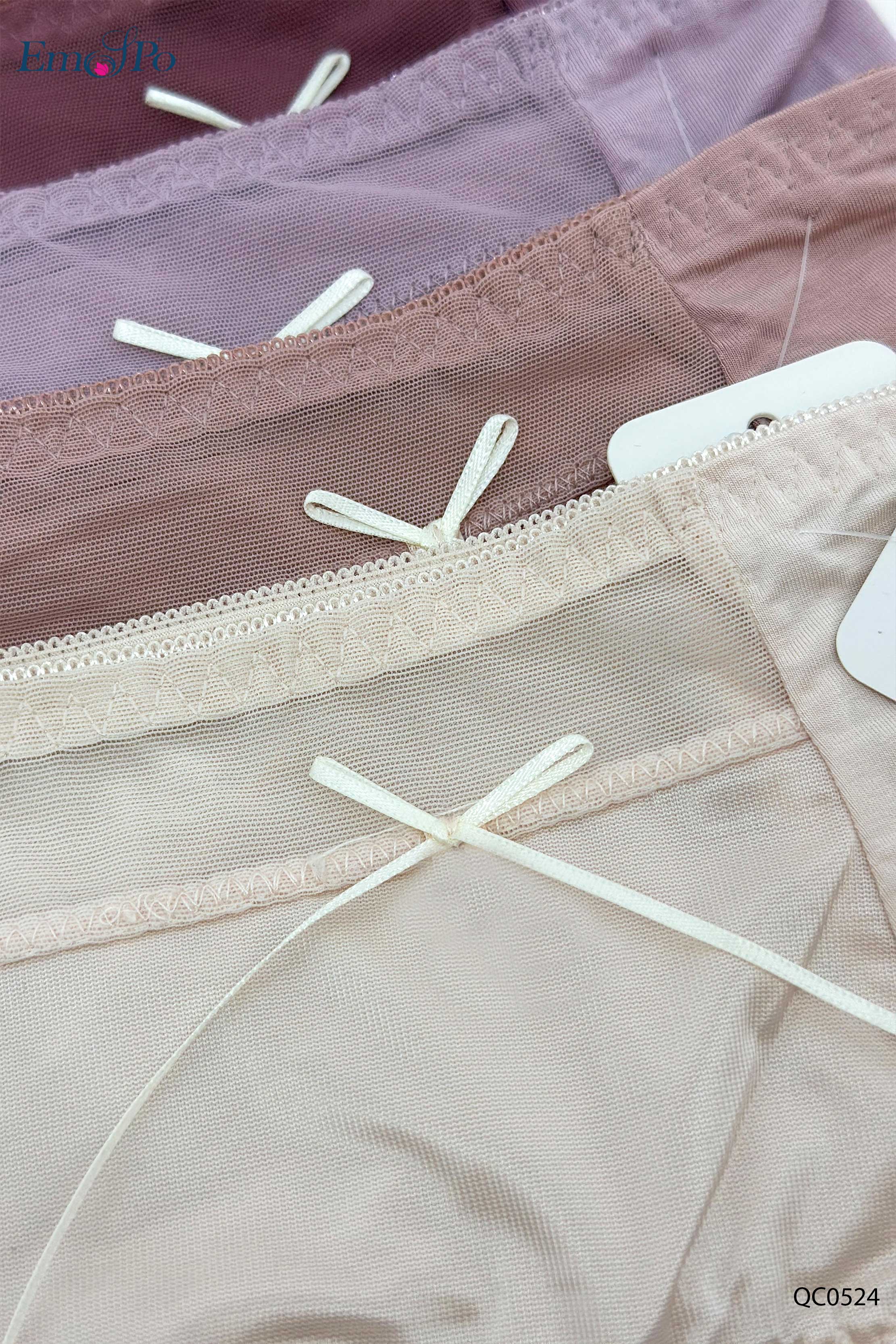 QC0524 - Quần lót cotton phối ren và lụa bóng, đính nơ