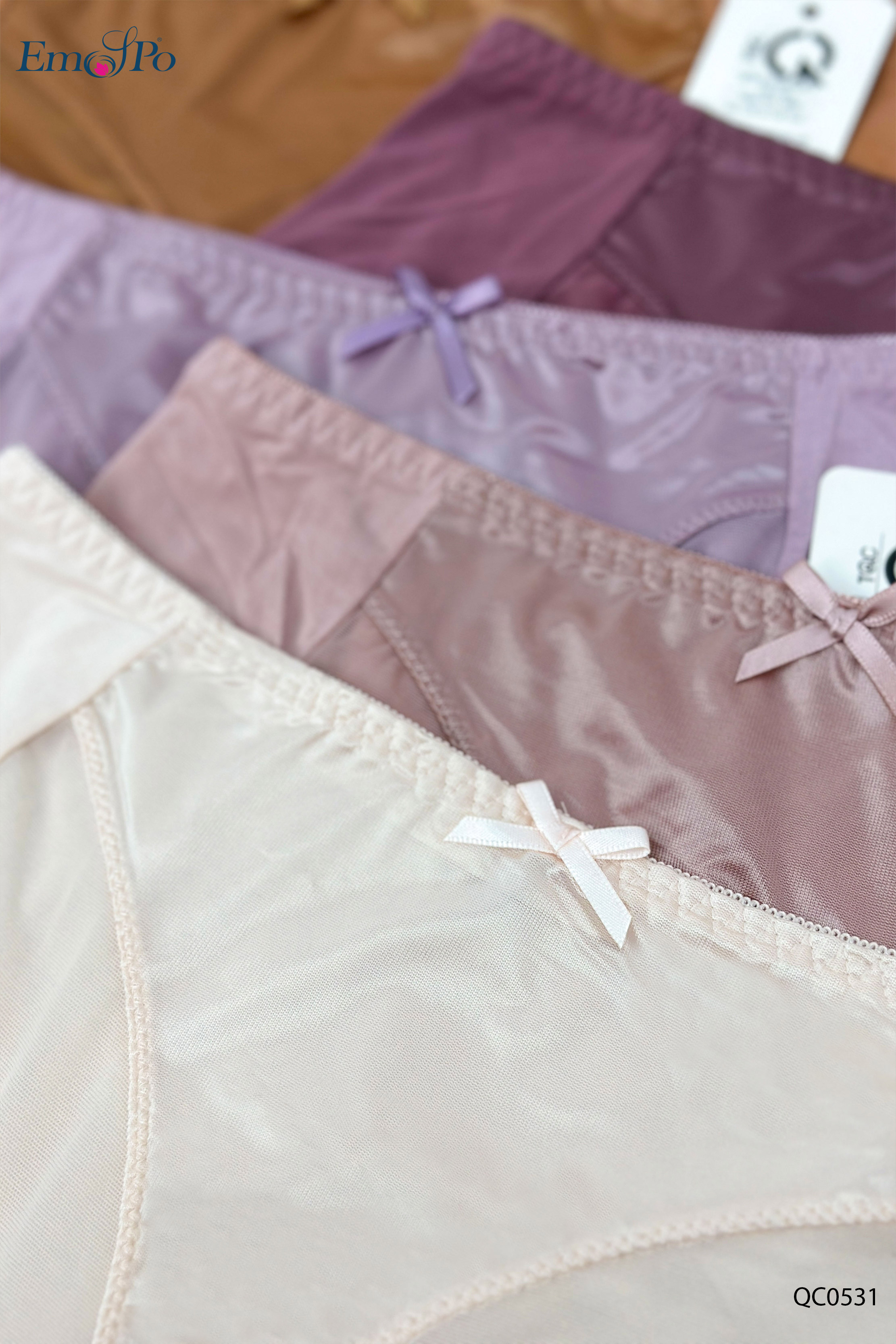 QC0531 - Quần lót cotton phối ren lưới và lụa bóng, đính nơ