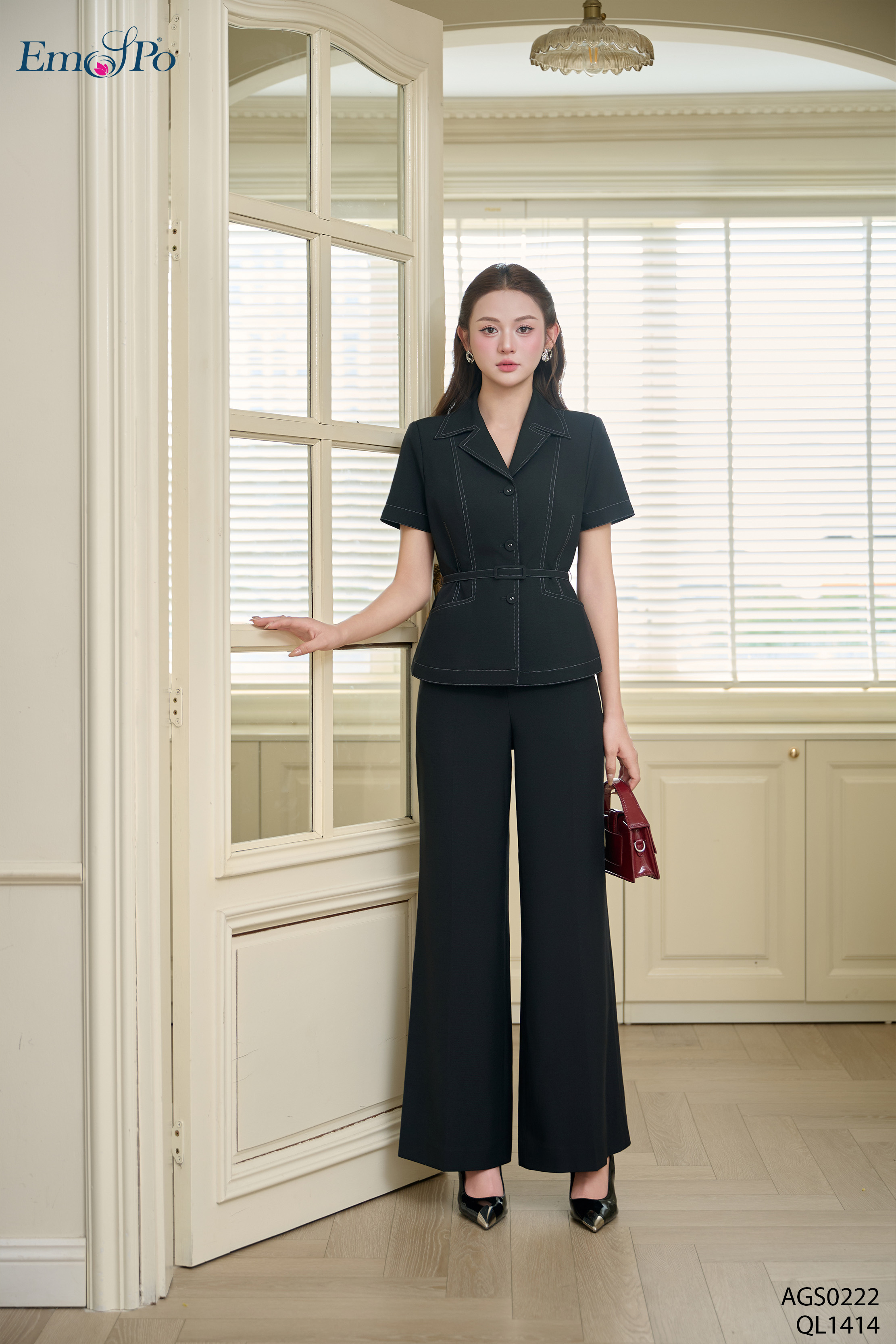 Quần suông, cạp cao cài khuy, đai 2 bên hông, đi bộ AGS0222