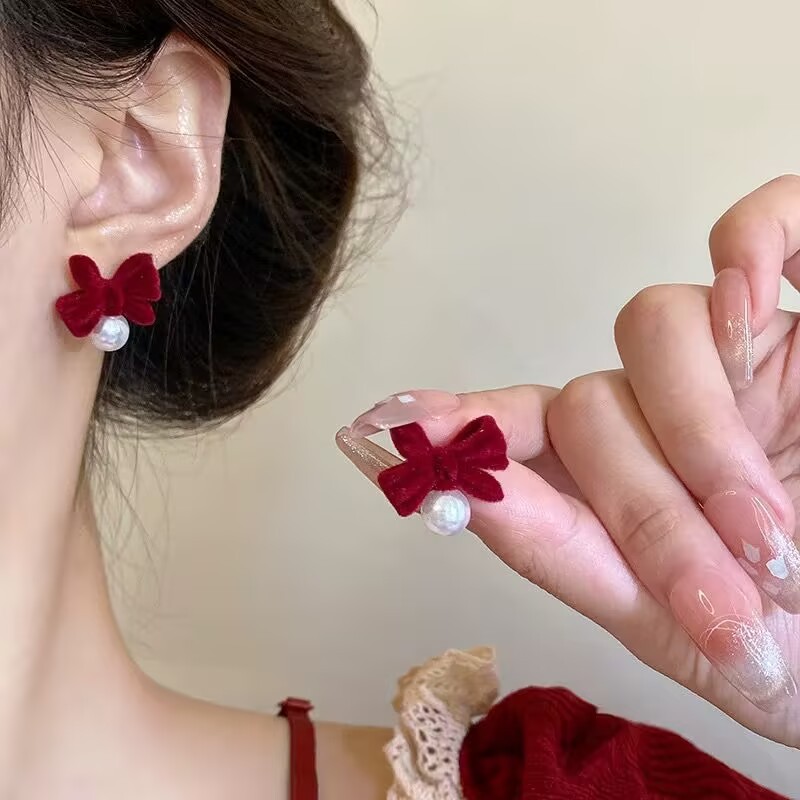 Bông tai nơ nhung đỏ ngọc 1138