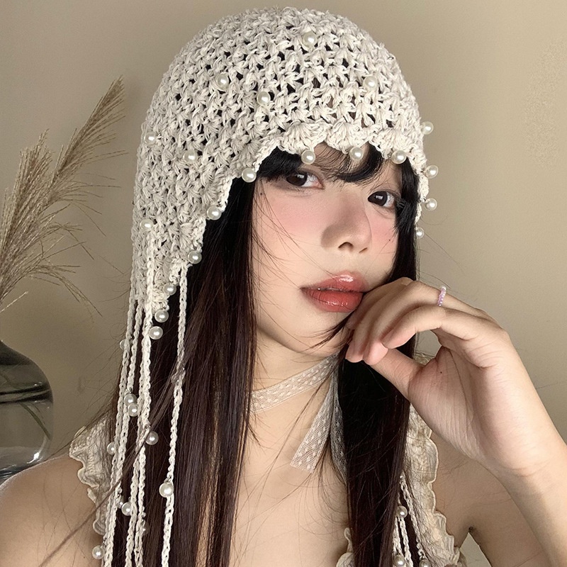 Mũ đan chụp dây ngọc trai rũ 069