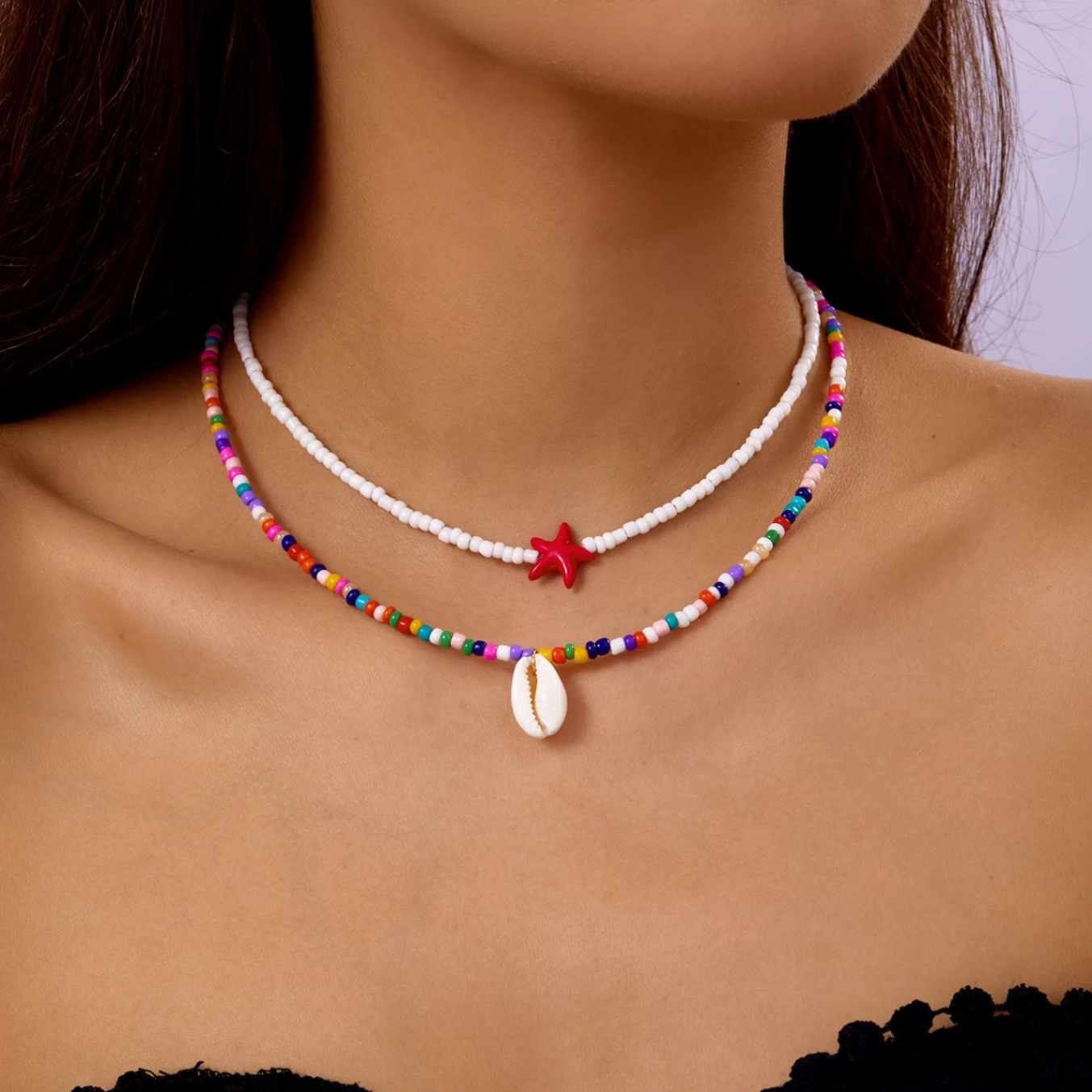 Set 2 vòng cổ hạt charm biển 933