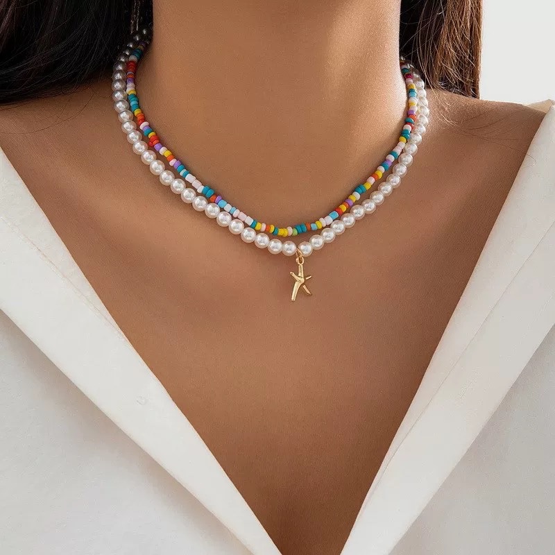 Set 2 vòng cổ ngọc màu sắc charm sao biển 939