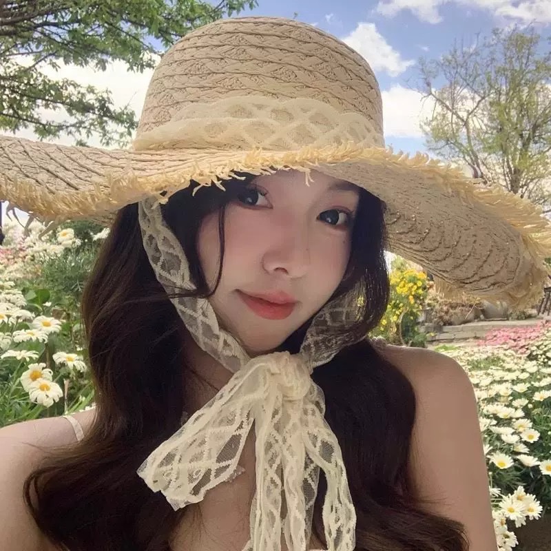 Mũ cói vành rộng dây ren cột 98