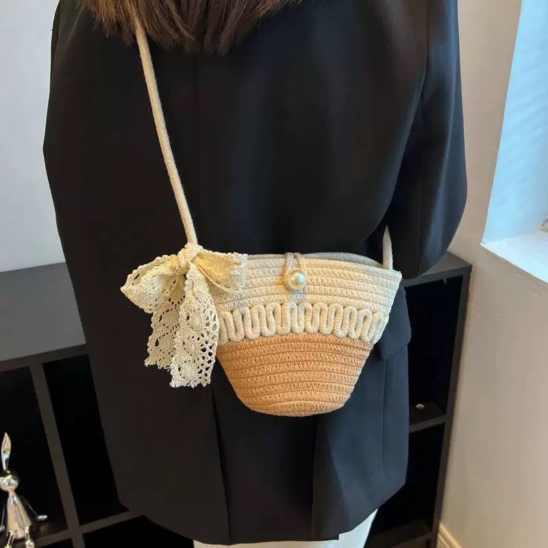 Túi cói bầu phối 2 màu nơ ren 194