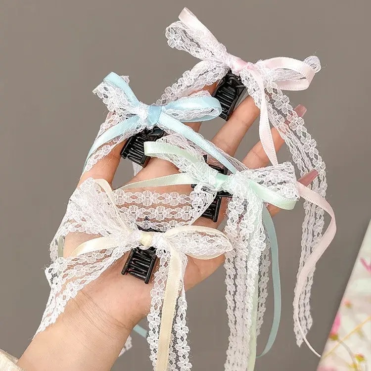 Set 2 gắp mini ruy băng dài ren 4486