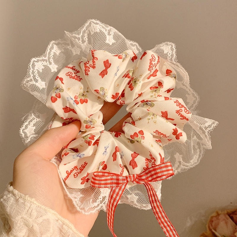 Cột scrunchies viền ren đỏ nơ 4590