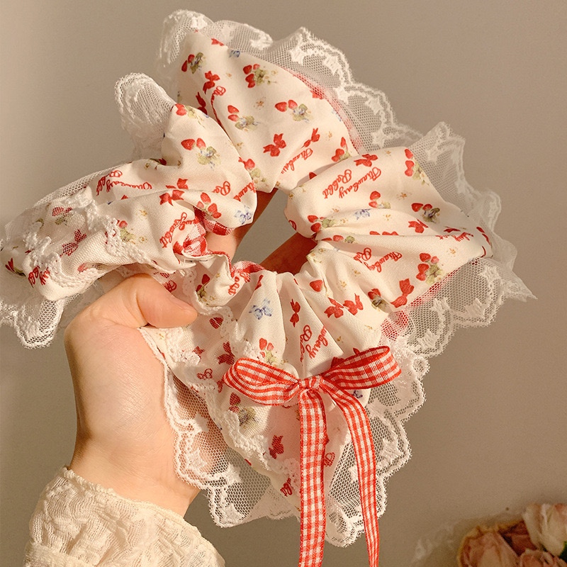 Cột scrunchies vuông viền ren đỏ nơ 4591