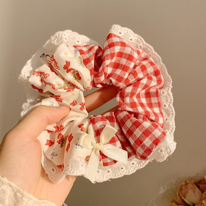 Cột scrunchies viền ren nhỏ đỏ nơ 4593