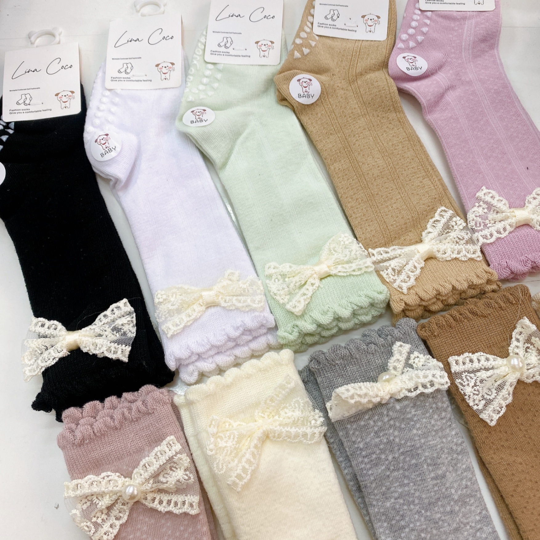 Tất chống trượt cao cổ bé nơ Ren 1625