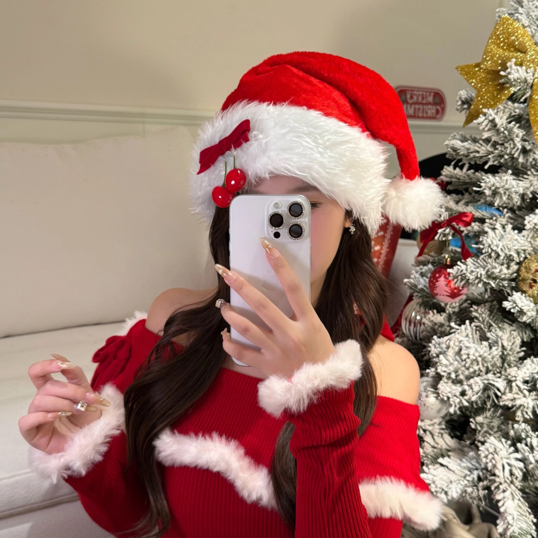 Mũ noel lông nơ cherry 1328