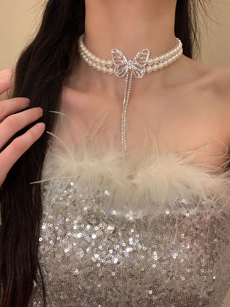 Vòng cổ choker ngọc 2 dây bướm đá dây 156